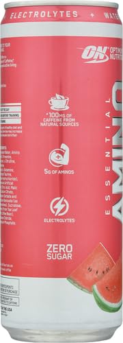 Optimum Nutrition Amino Energy Sparkling Hydration Drink, Electrolytes, Caffeine, Amino Acids, BCAAs, Sugar Free, Watermelon, 12 Fl Oz, (Packaging May Vary),12 Count (Pack of 2)
