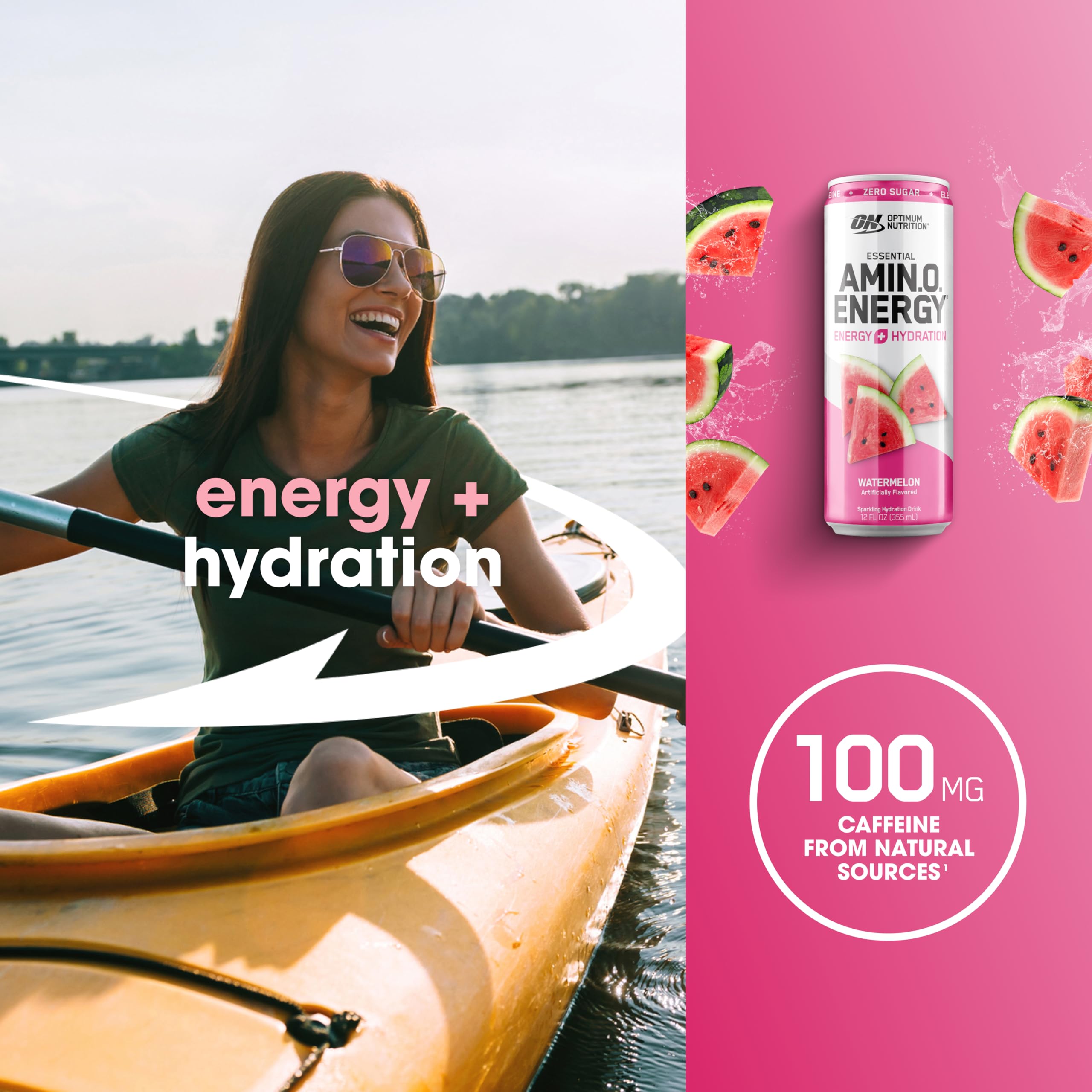 Optimum Nutrition Amino Energy Sparkling Hydration Drink, Electrolytes, Caffeine, Amino Acids, BCAAs, Sugar Free, Watermelon, 12 Fl Oz, (Packaging May Vary),12 Count (Pack of 2)