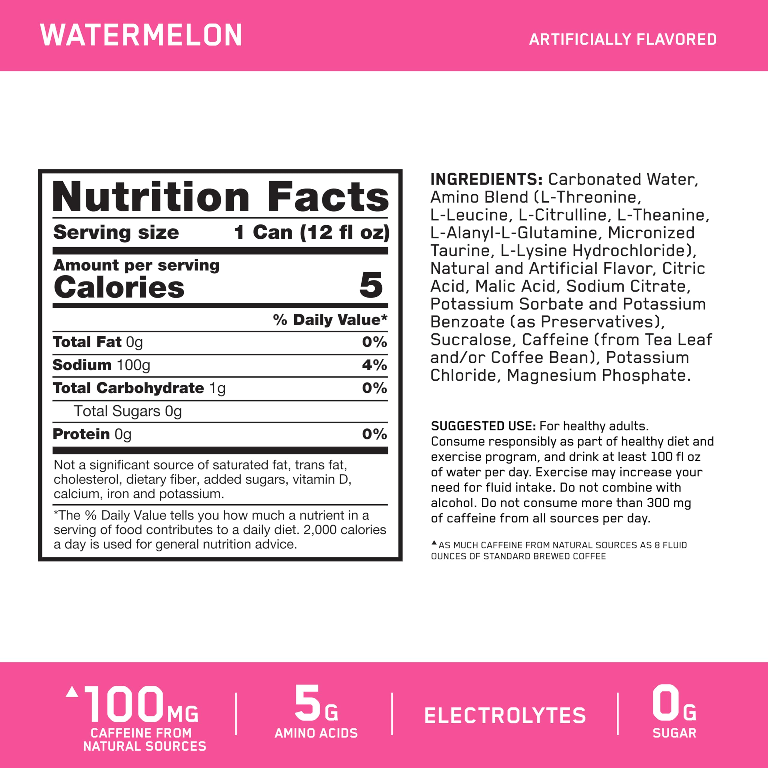 Optimum Nutrition Amino Energy Sparkling Hydration Drink, Electrolytes, Caffeine, Amino Acids, BCAAs, Sugar Free, Watermelon, 12 Fl Oz, (Packaging May Vary),12 Count (Pack of 2)