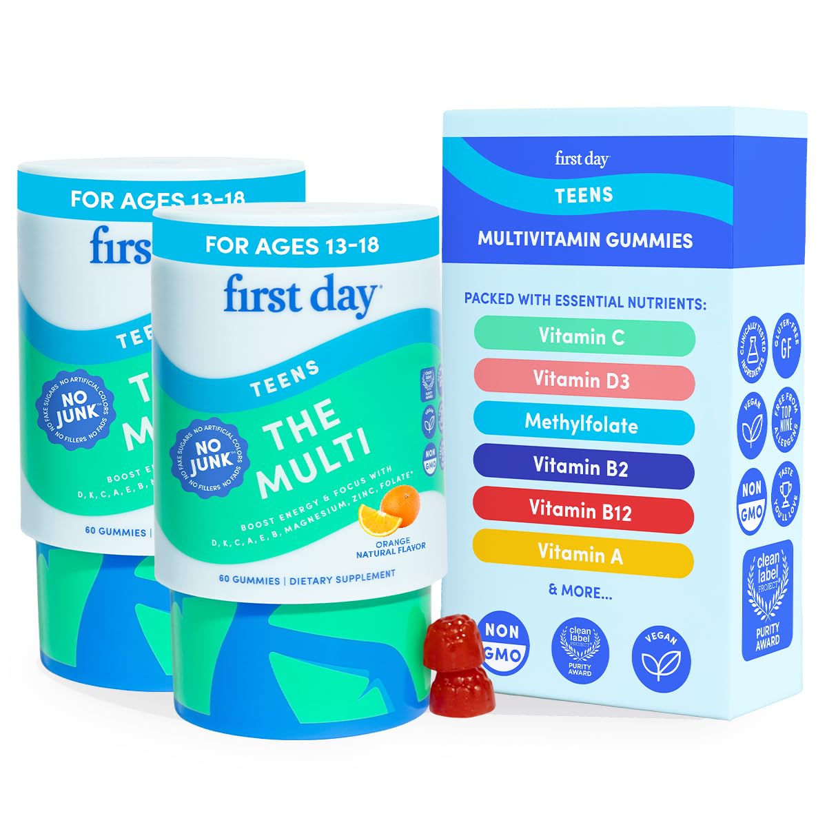 FIRST DAY Vitamins for Teens - Teen Multi Vitamins for Girls & Boys 12-17, Organic Fruit & Veggie Blend - 12 Key Nutrients: Vitamins A, B1, B2, B6, B9, B12, C, D3, E, K2-60 Day Supply