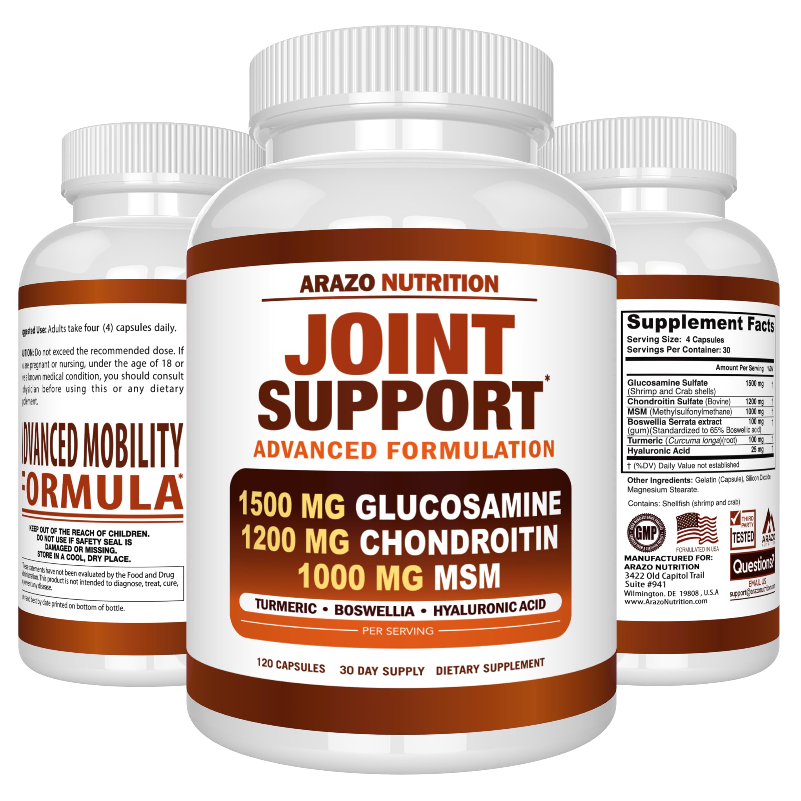 Arazo Nutrition Glucosamine Chondroitin Turmeric Msm Boswellia - Joint Support Supplement for Relief 120 Capsules for Bones, Back, Knees, Hands (120 Capsules)
