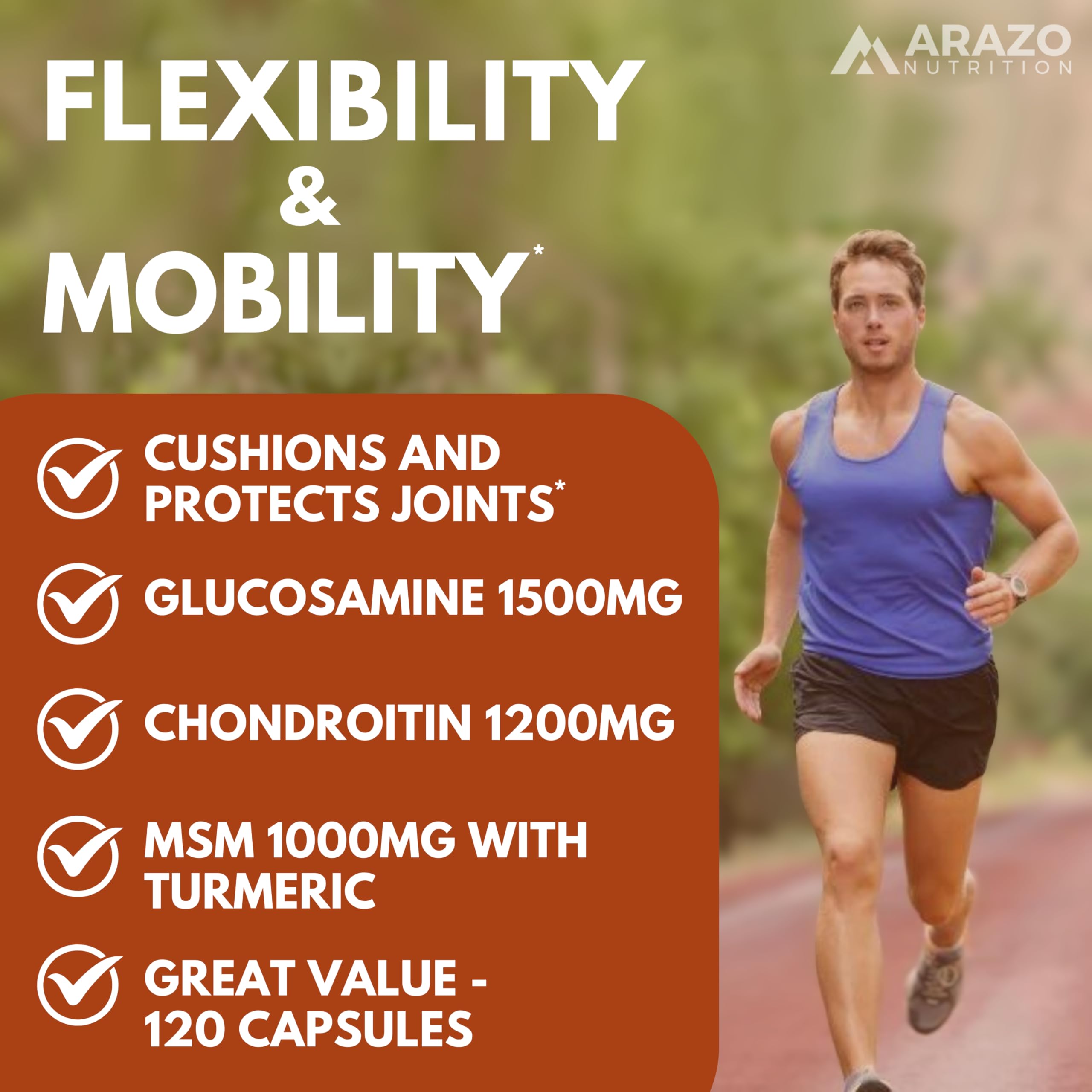 Arazo Nutrition Glucosamine Chondroitin Turmeric Msm Boswellia - Joint Support Supplement for Relief 120 Capsules for Bones, Back, Knees, Hands (120 Capsules)