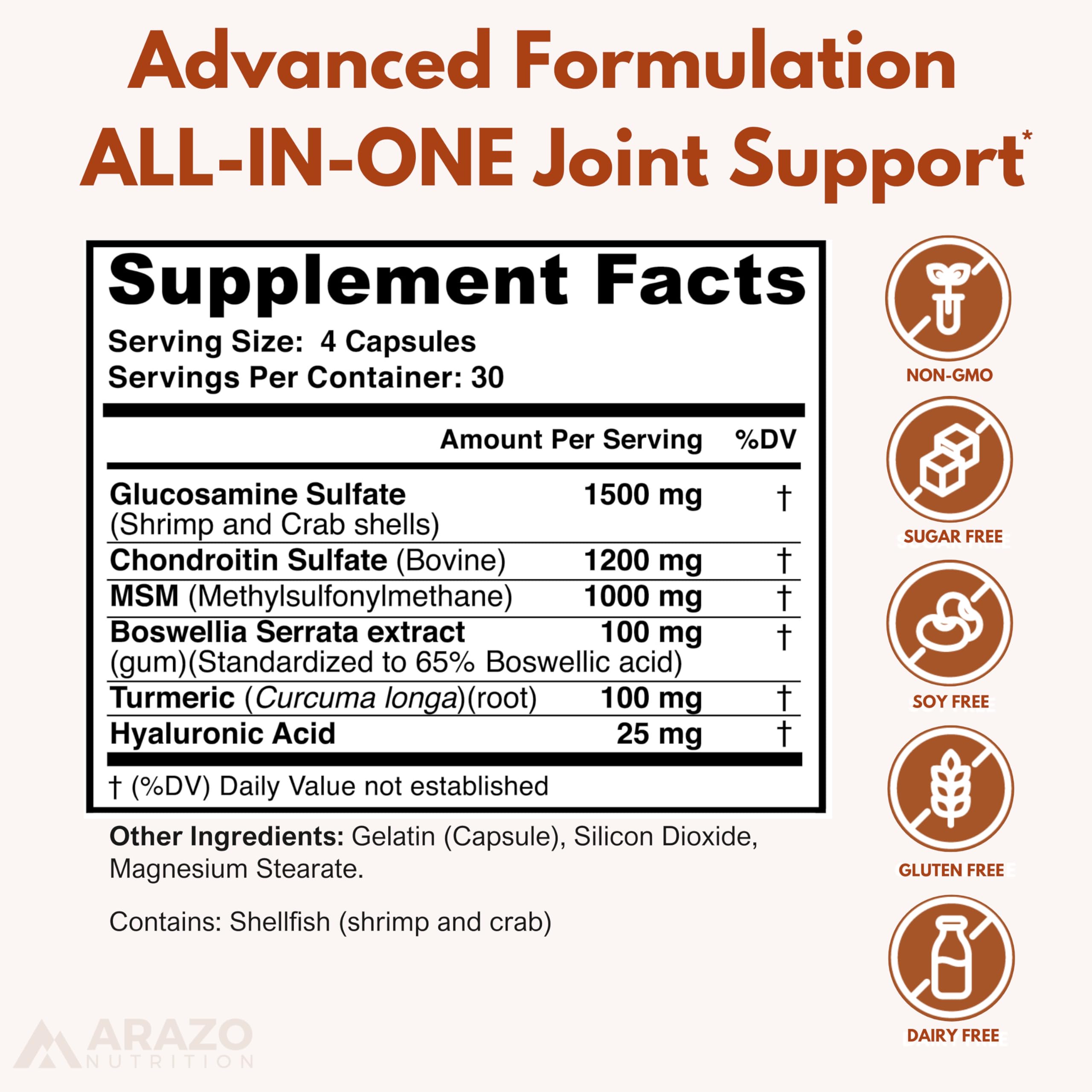 Arazo Nutrition Glucosamine Chondroitin Turmeric Msm Boswellia - Joint Support Supplement for Relief 120 Capsules for Bones, Back, Knees, Hands (120 Capsules)