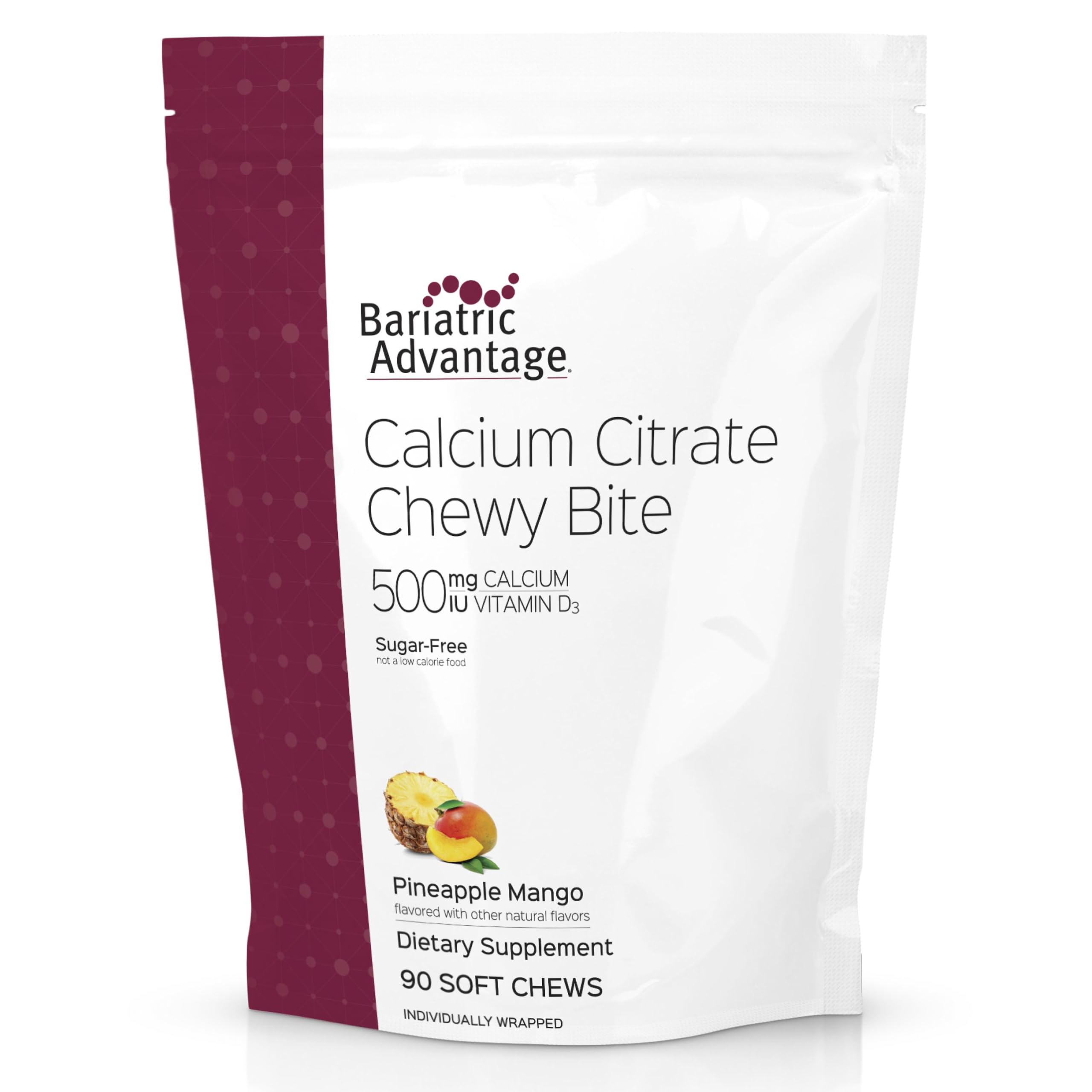 Bariatric Advantage Calcium Citrate Chewy Bites 500 mg - Highly Absorbable & Digestible - Vitamin D3 - Easily Chewable Calcium Supplement - Pineapple Mango - 90 Count