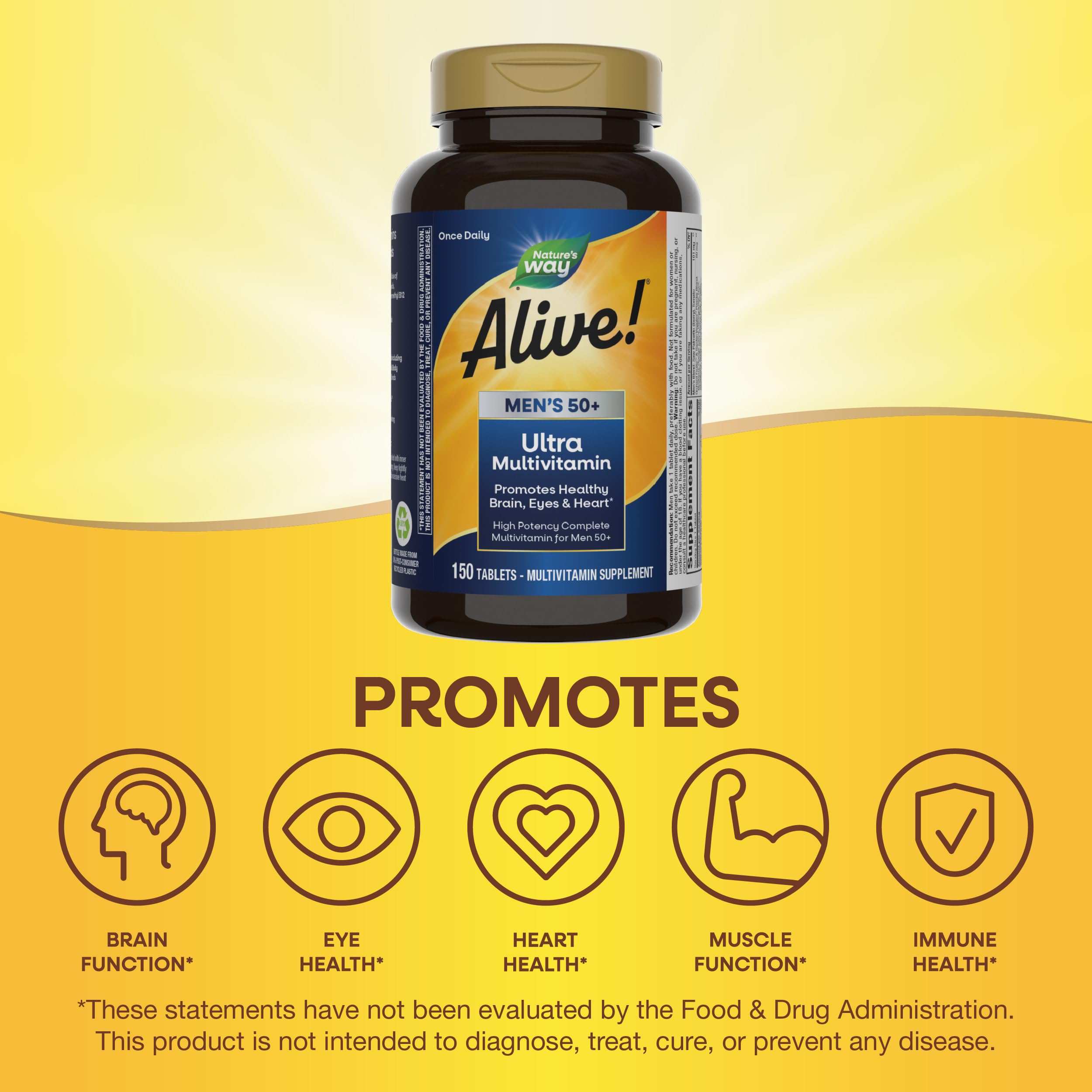 Nature’s Way Alive! Ultra Potency Multivitamin for Men 50 Plus, Complete High Potency Formula with Vitamin D3, C, E, Methyl B12, Supports Cellular Energy, Heart, Brain, and Eye Health,* 150 Tablets