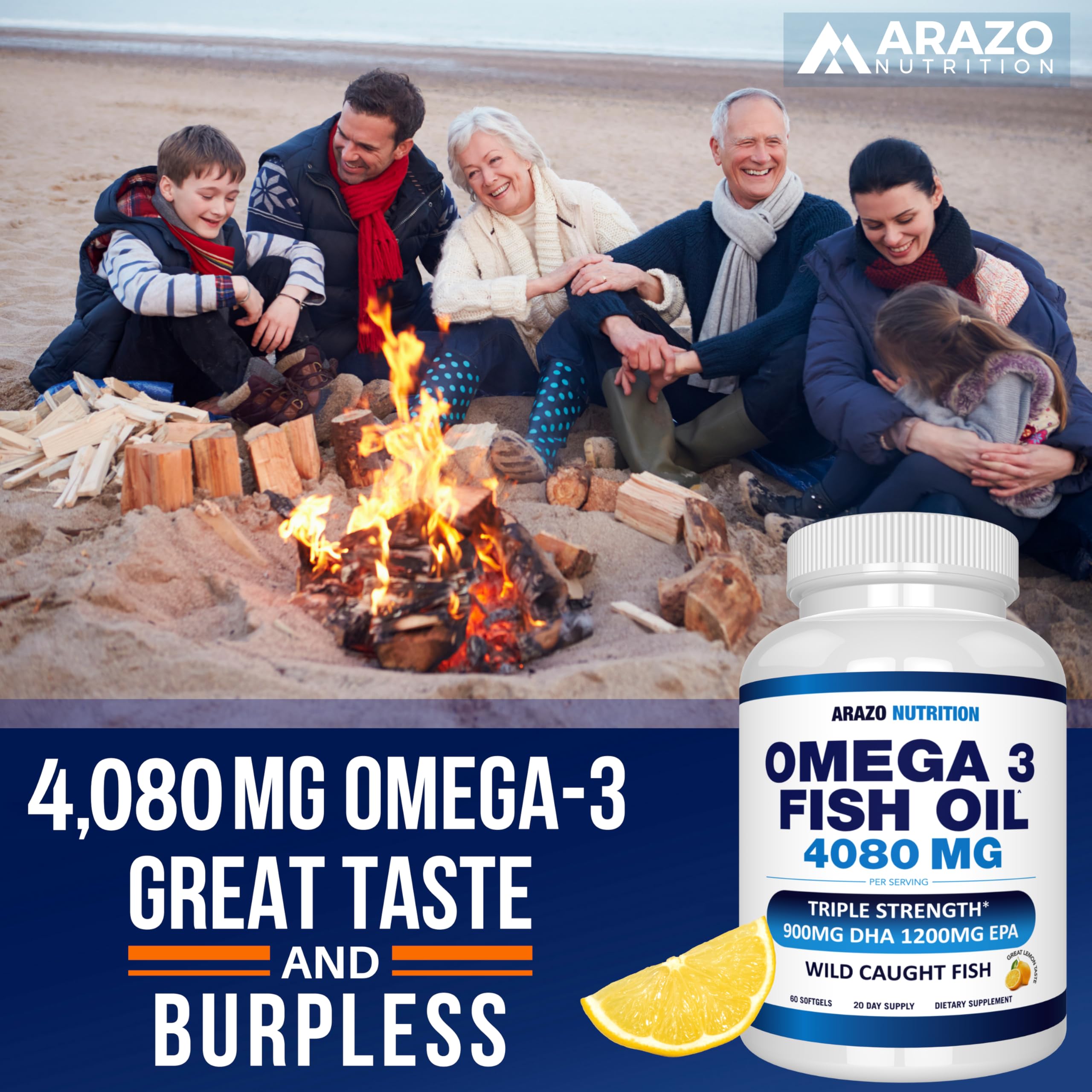 Arazo Nutrition Wild Caught Omega-3 Fish Oil Concentrate – 4,080mg per Serving – High EPA 1200mg & DHA 900mg – 60 Burpless Lemon Softgels