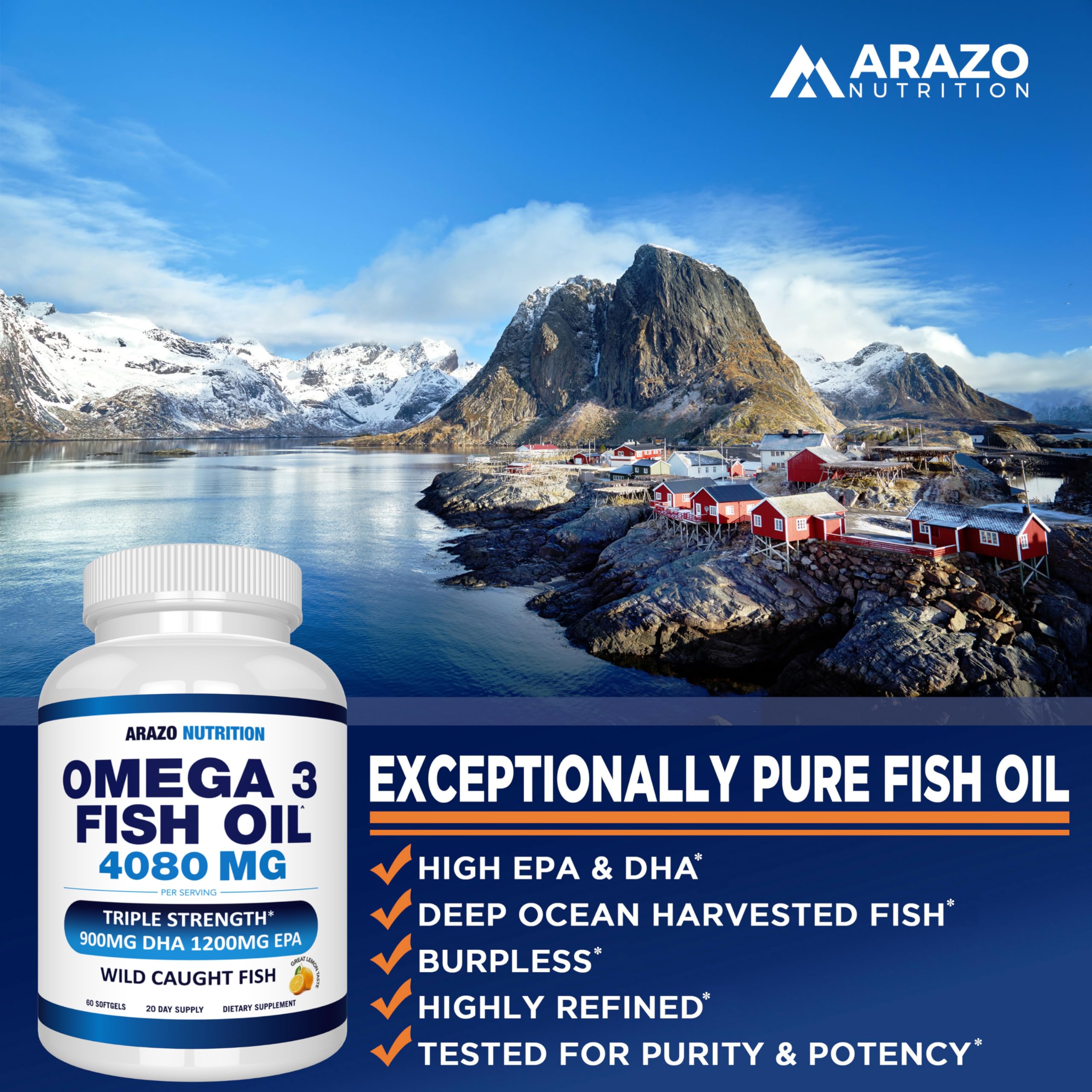 Arazo Nutrition Wild Caught Omega-3 Fish Oil Concentrate – 4,080mg per Serving – High EPA 1200mg & DHA 900mg – 60 Burpless Lemon Softgels