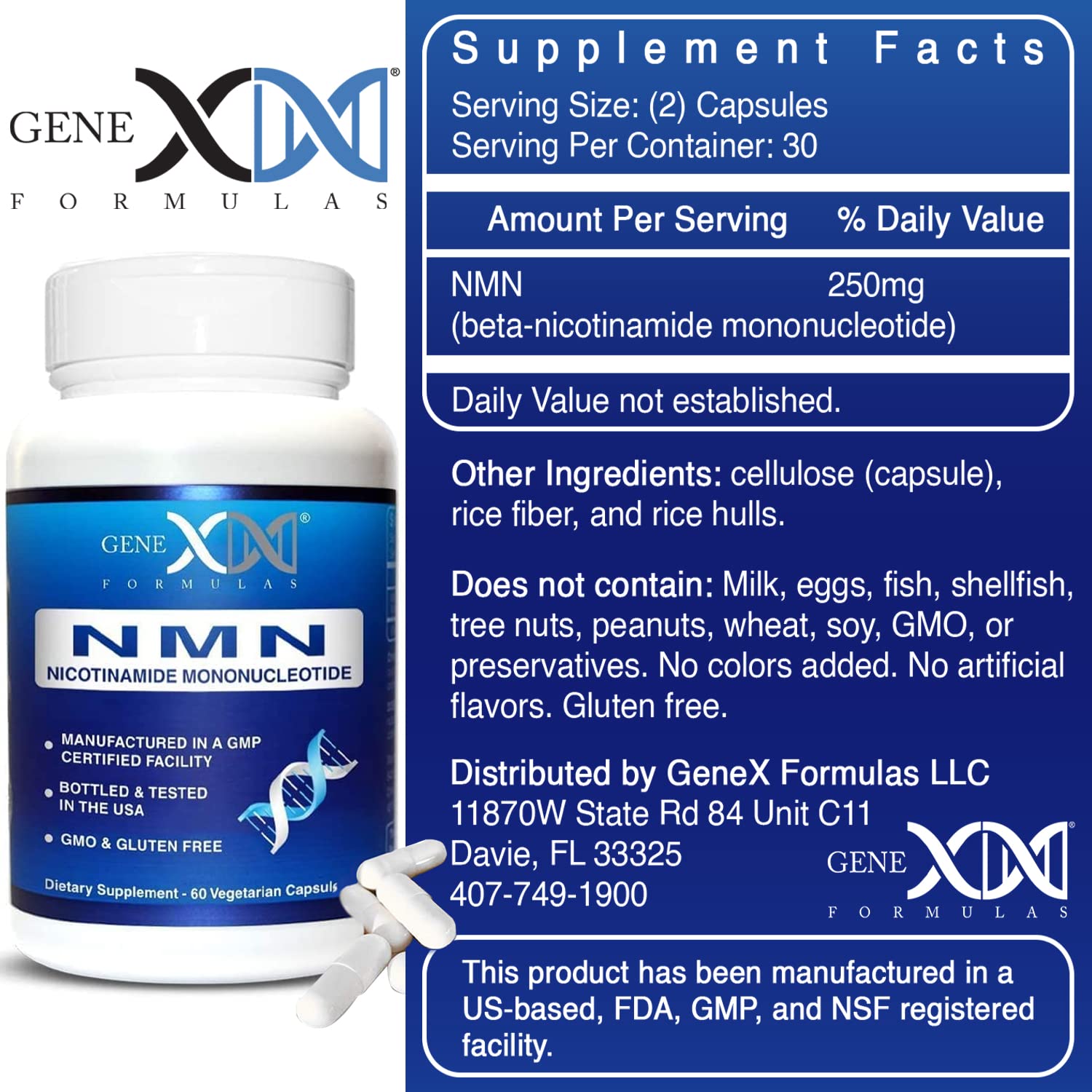 Genex Formulas NMN 250mg - Stabilized Form (60 Capsules), 99% Pure Supplement Capsules for Increased NAD Levels, DNA Repair, & Healthy Aging, GMP Certified