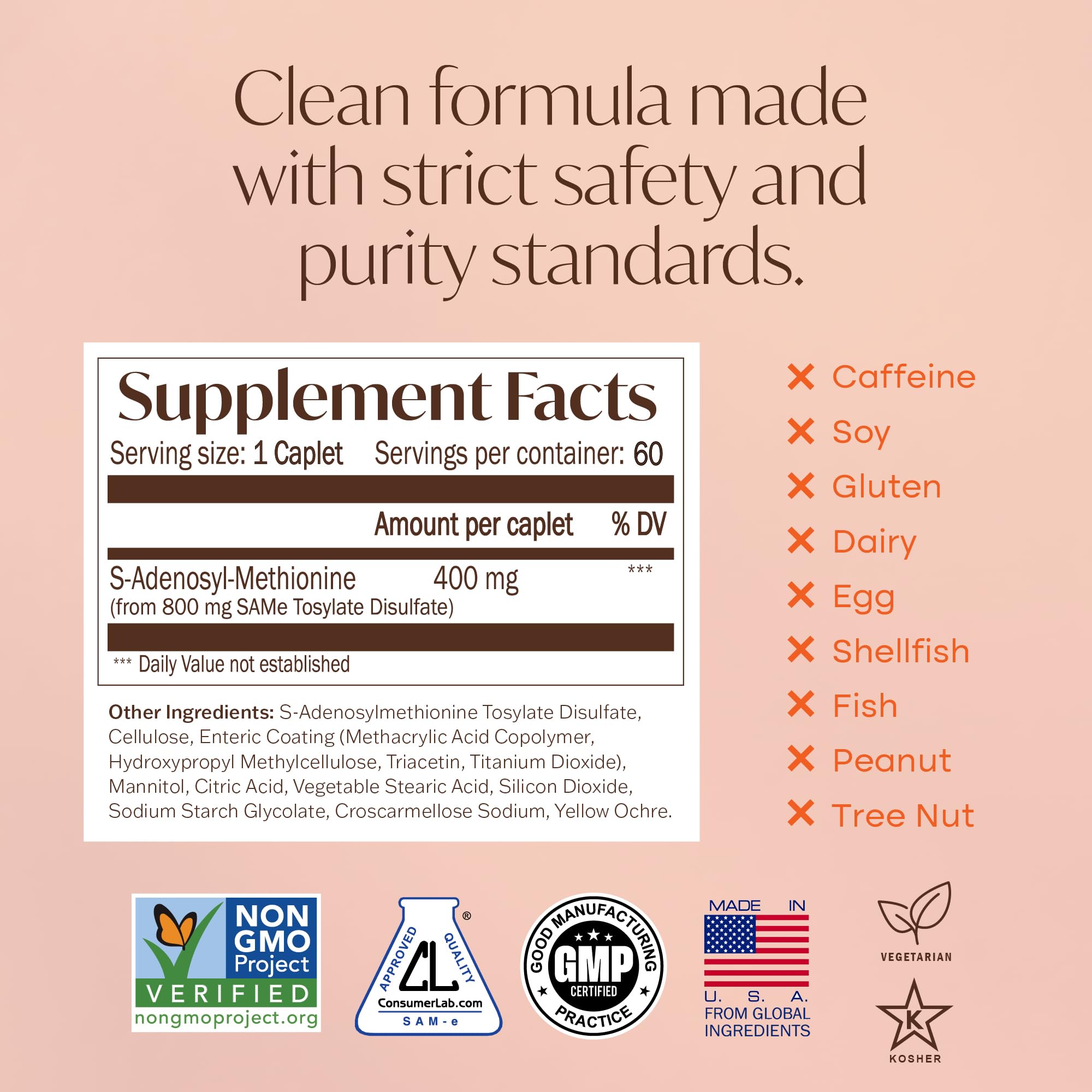 Nature's Trove SAM-e 400mg 120 Enteric Coated Caplets (2 Boxes of 60) - Vegan, Kosher, Non-GMO, Soy Free, Gluten Free - Mood and Joint Comfort - Cold Form Blister Packed