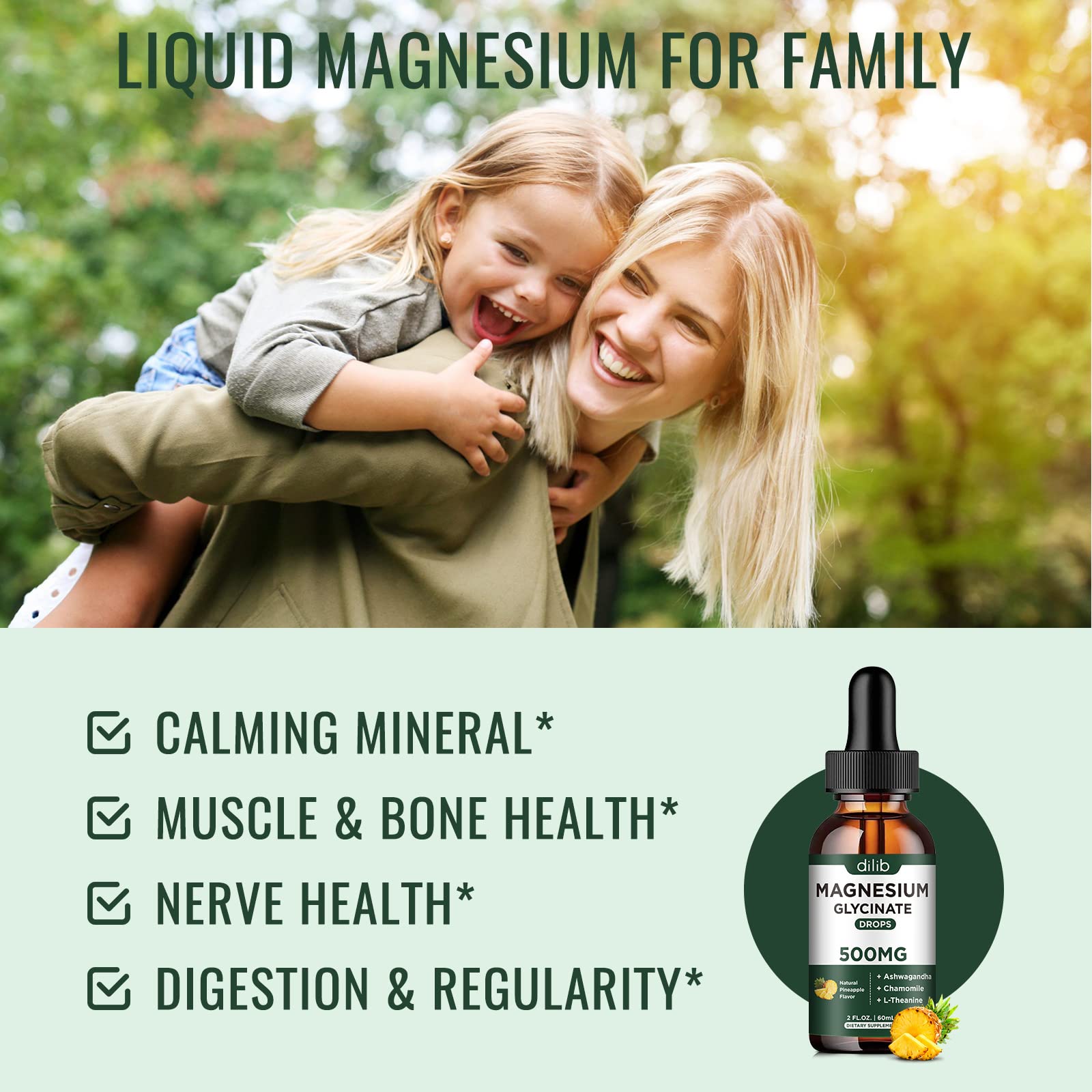dilib Magnesium Glycinate 500mg - Liquid Magnesium Drops, Ashwagandha, L - Theanine, Chamomile - Calm & Stress Relief, Relaxation, Restful Sleep, Muscle Heart Health, Vegan - 2 Fl Oz (30 Days)