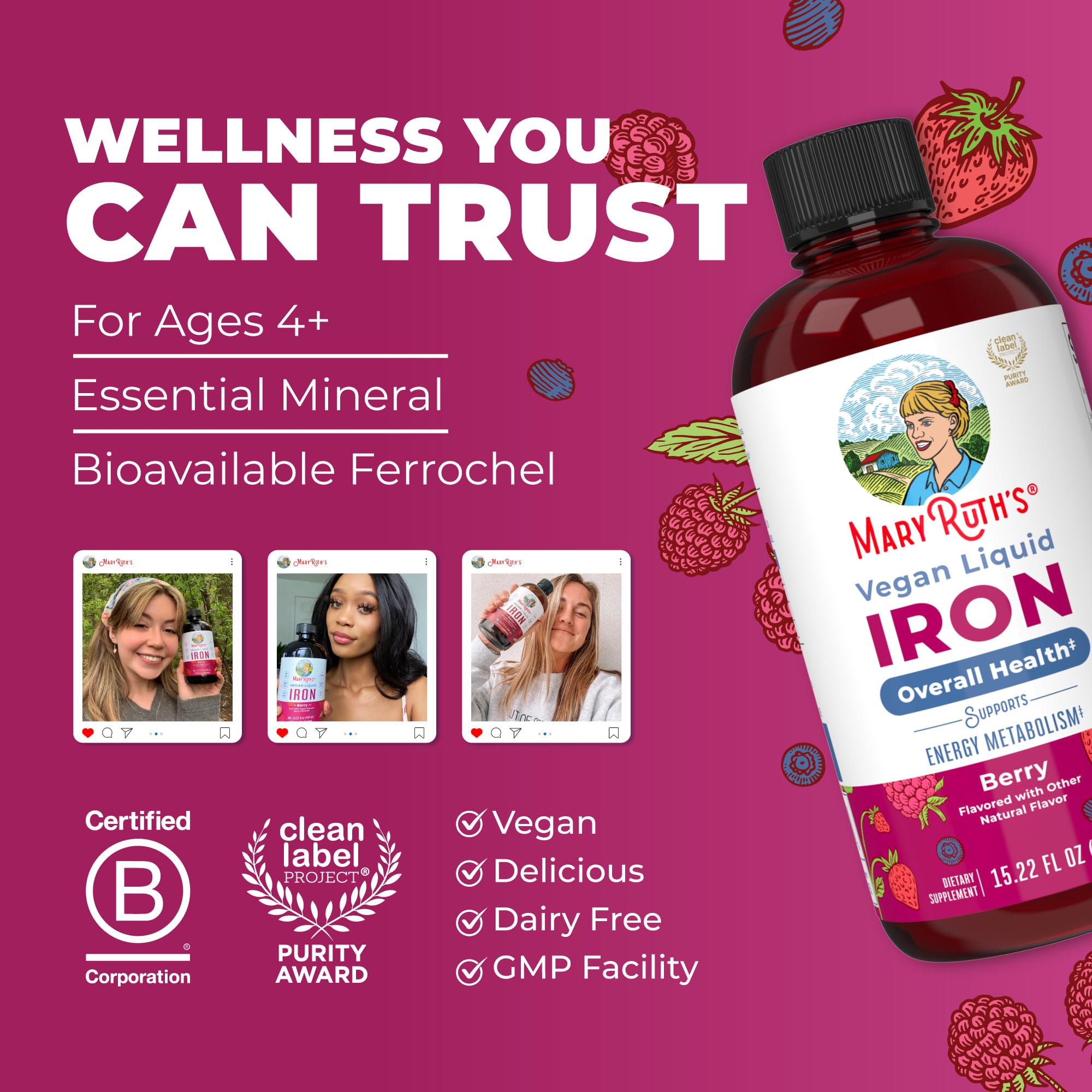 Iron Supplement for Women Men & Kids | Liquid Iron Supplement for Women Men & Kids | Iron for Healthy Blood & Oxygen | Ages 4 & Up | Sugar Free | Vegan | Non-GMO | Gluten Free | 15.22 Fl Oz