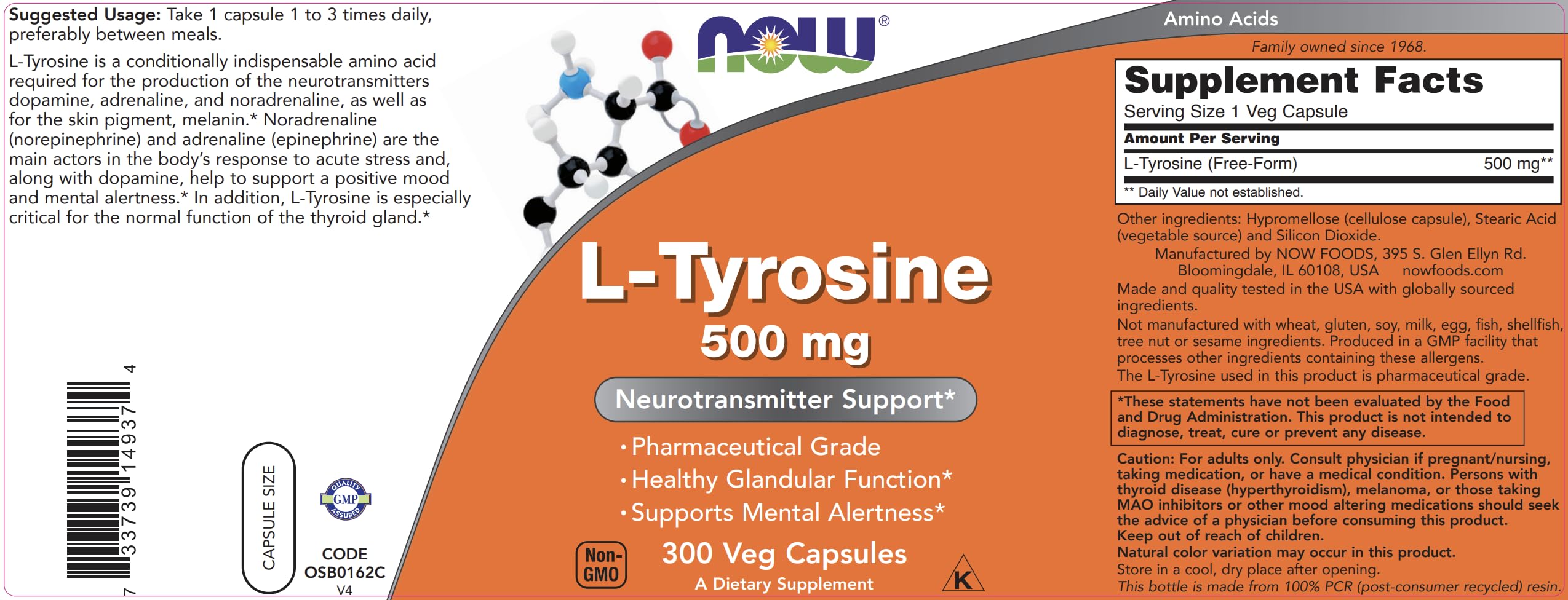 NOW Foods L-Tyrosine 500mg, 300 Capsules (Pack of 2) - Non GMO Supplement - 500 mg Caps - Free Form Ltyrosine
