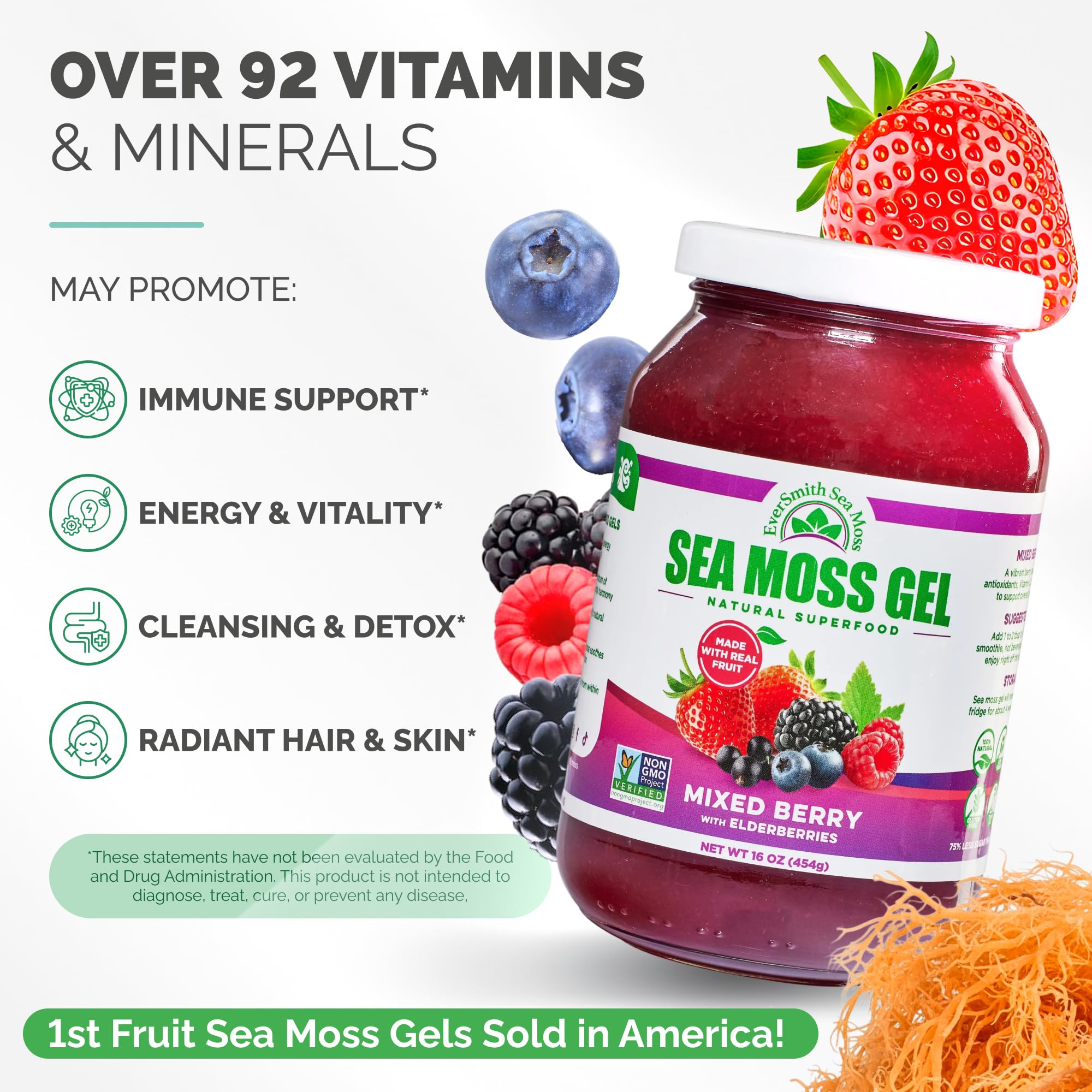 EverSmith Organics - Wildcrafted Irish Sea Moss Gel | Made in USA | Rich in Vitamins & Minerals | Sea Moss Gel Raw | Nutritional Supplement | Mixed Berry (16 oz)
