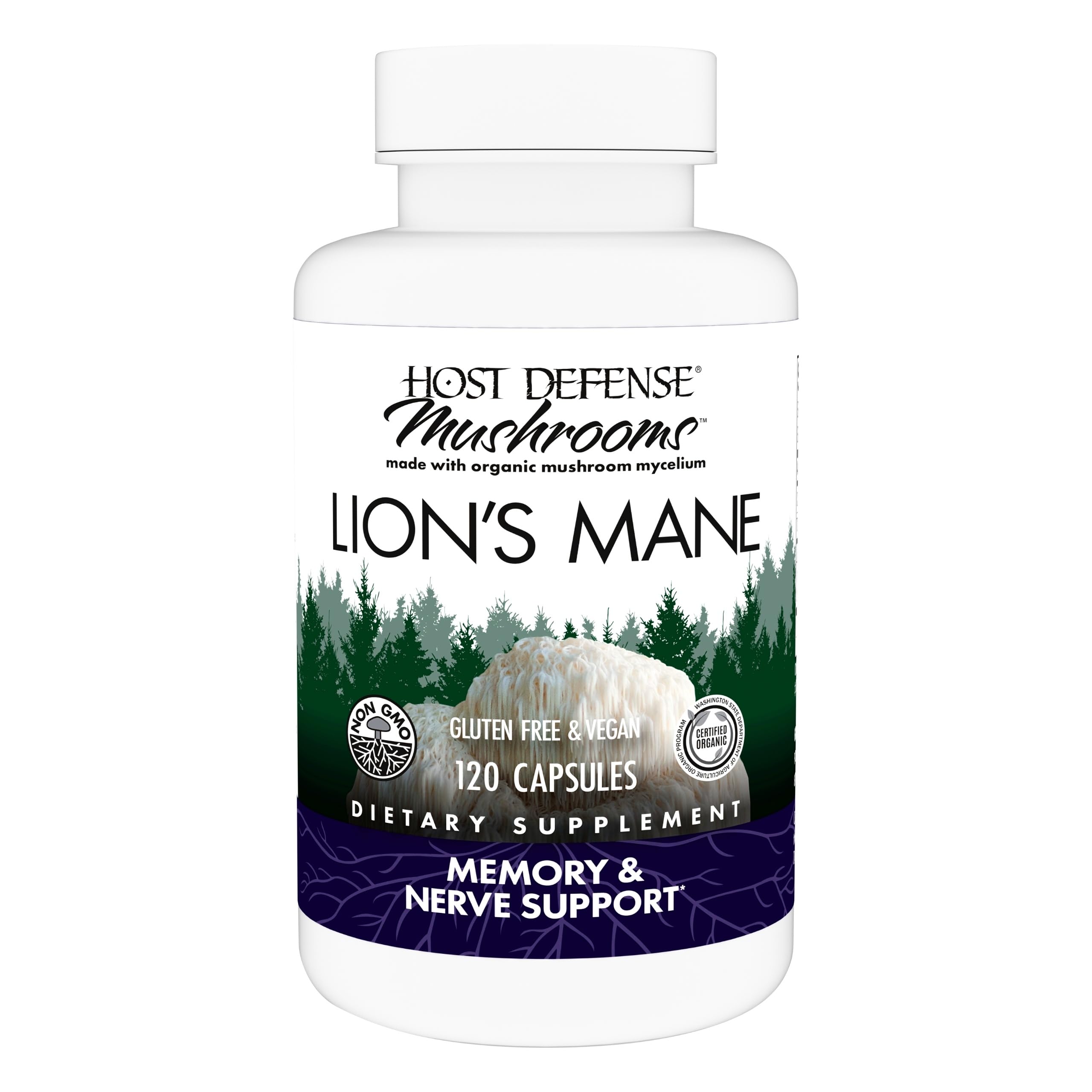 Host Defense Mushrooms Lion's Mane - Supplement Capsules for Brain Health Support - Mushroom Support for Focus & Memory Function - Immune & Nervous System Supplement - 120 Capsules