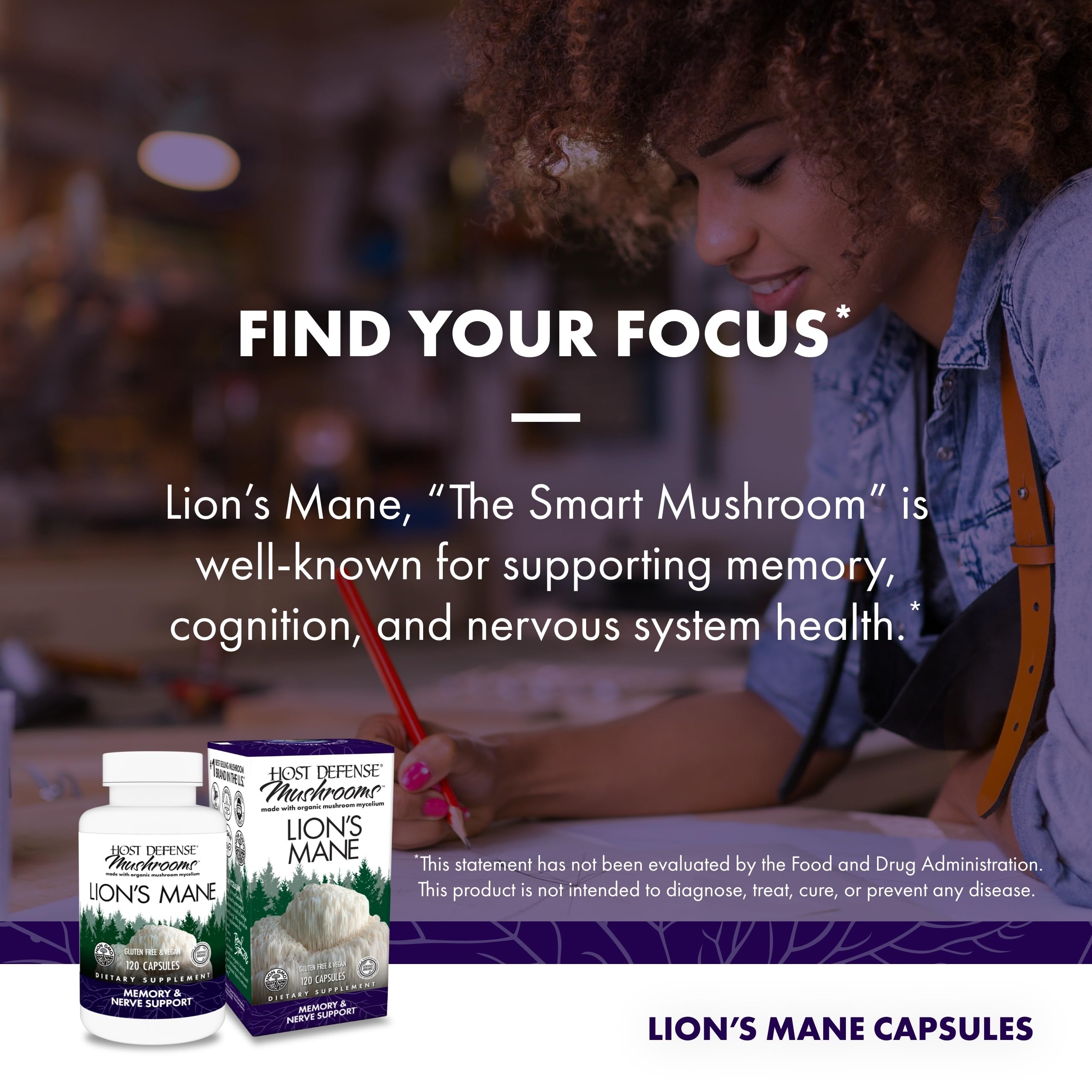 Host Defense Mushrooms Lion's Mane - Supplement Capsules for Brain Health Support - Mushroom Support for Focus & Memory Function - Immune & Nervous System Supplement - 120 Capsules