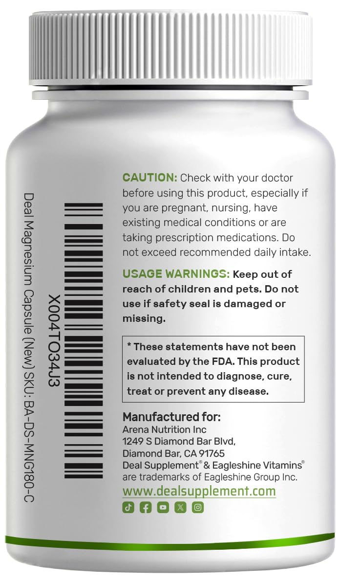 Deal Supplement Magnesium Glycinate 500mg, 240 Veggie Capsules | 100% Chelated for Easy Absorption | Essential Mineral Supplement | Non-GMO, Gluten-Free