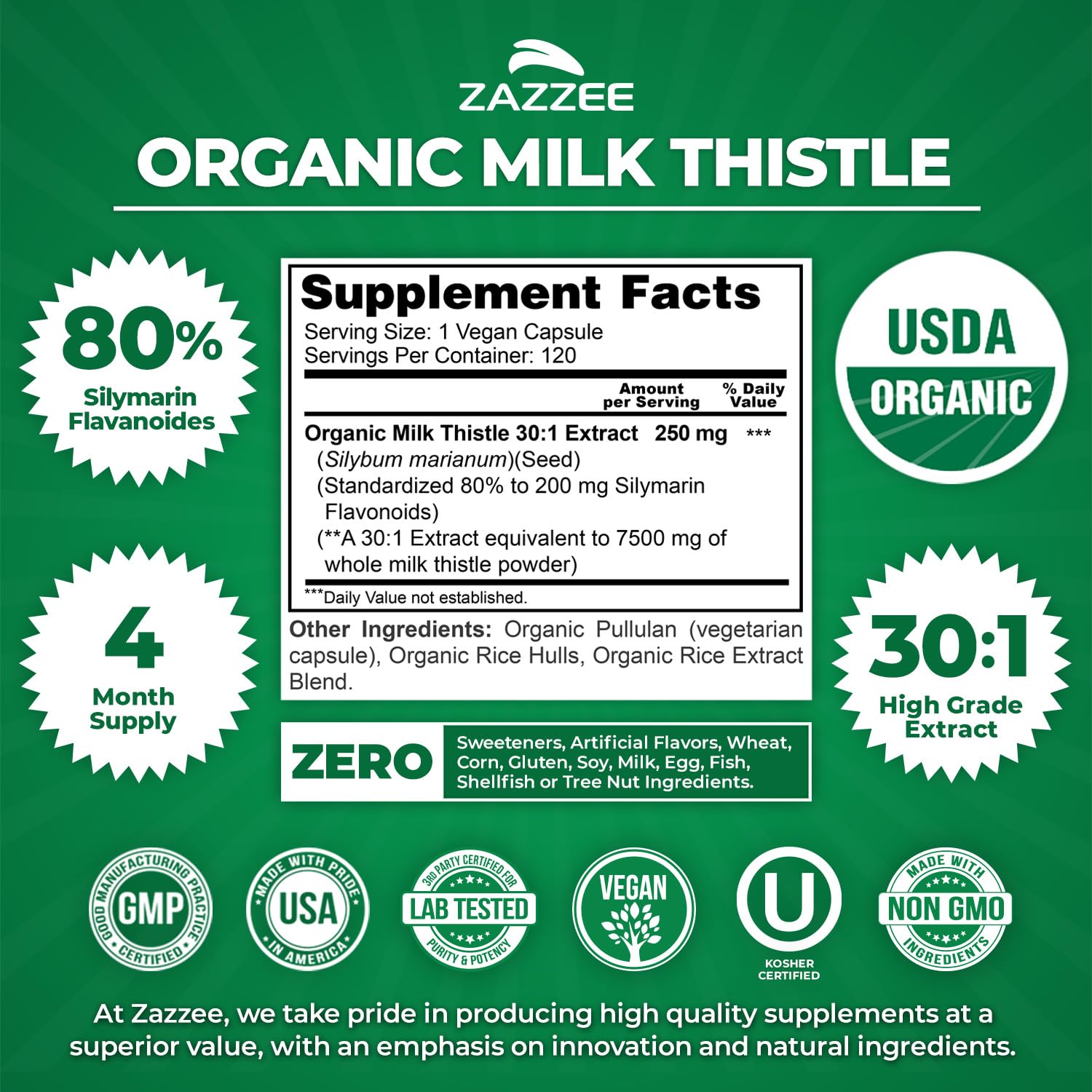 Zazzee USDA Organic Milk Thistle 30:1 Extract, 80% Silymarin, 120 Vegan Capsules, 4 Month Supply, Certified Kosher, High Potency Liver & Antioxidant Support, Silybum Marianum, Non-GMO, Made in the USA