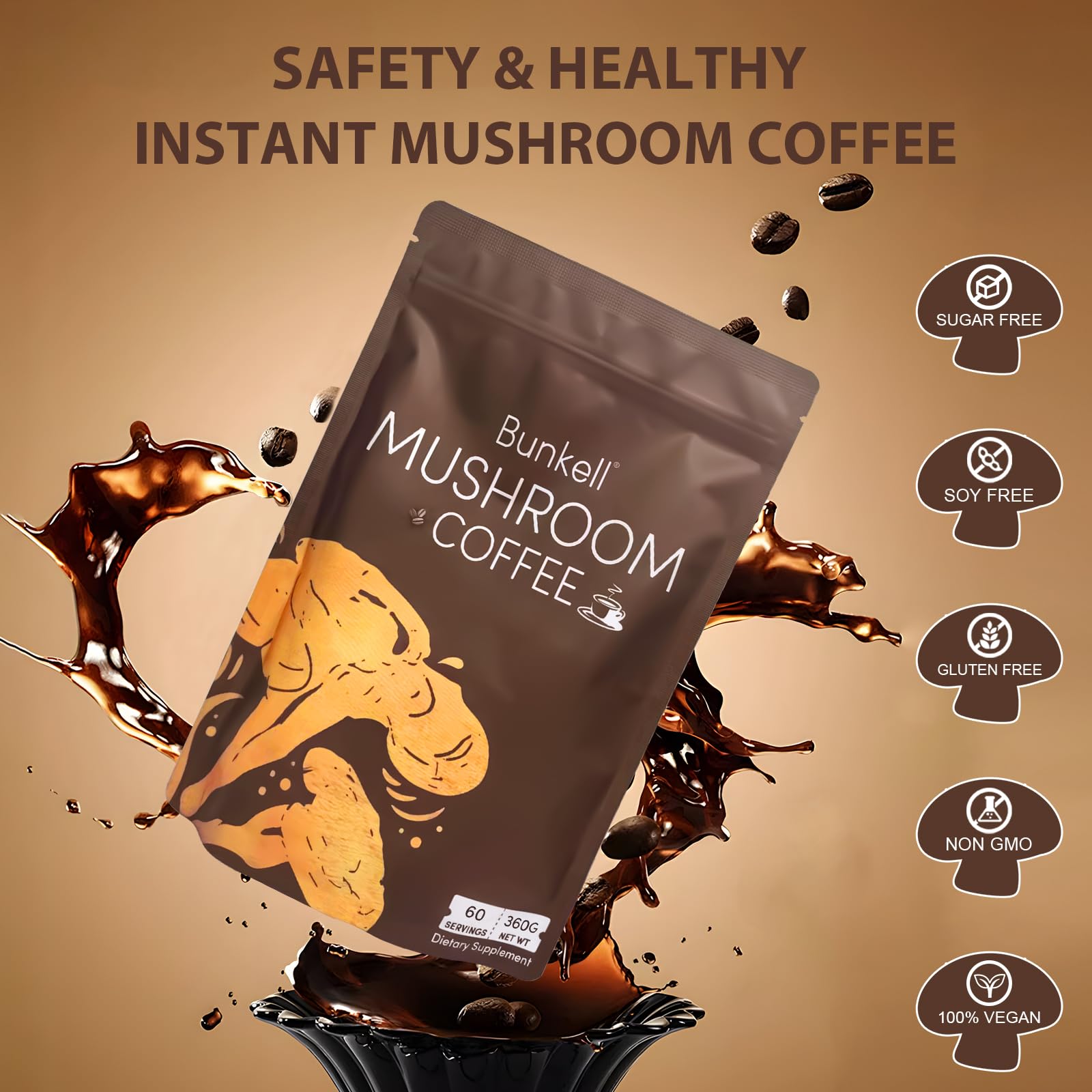 Bunkell Mushroom Coffee, Adaptogenic 6 Mushrooms with Lion's Mane, Reishi, Cordyceps, Shiitake, King Trumpet & Turkey Tail, Instant Coffee Powder for Energy, Digestion & Immune Support, 60 Servings
