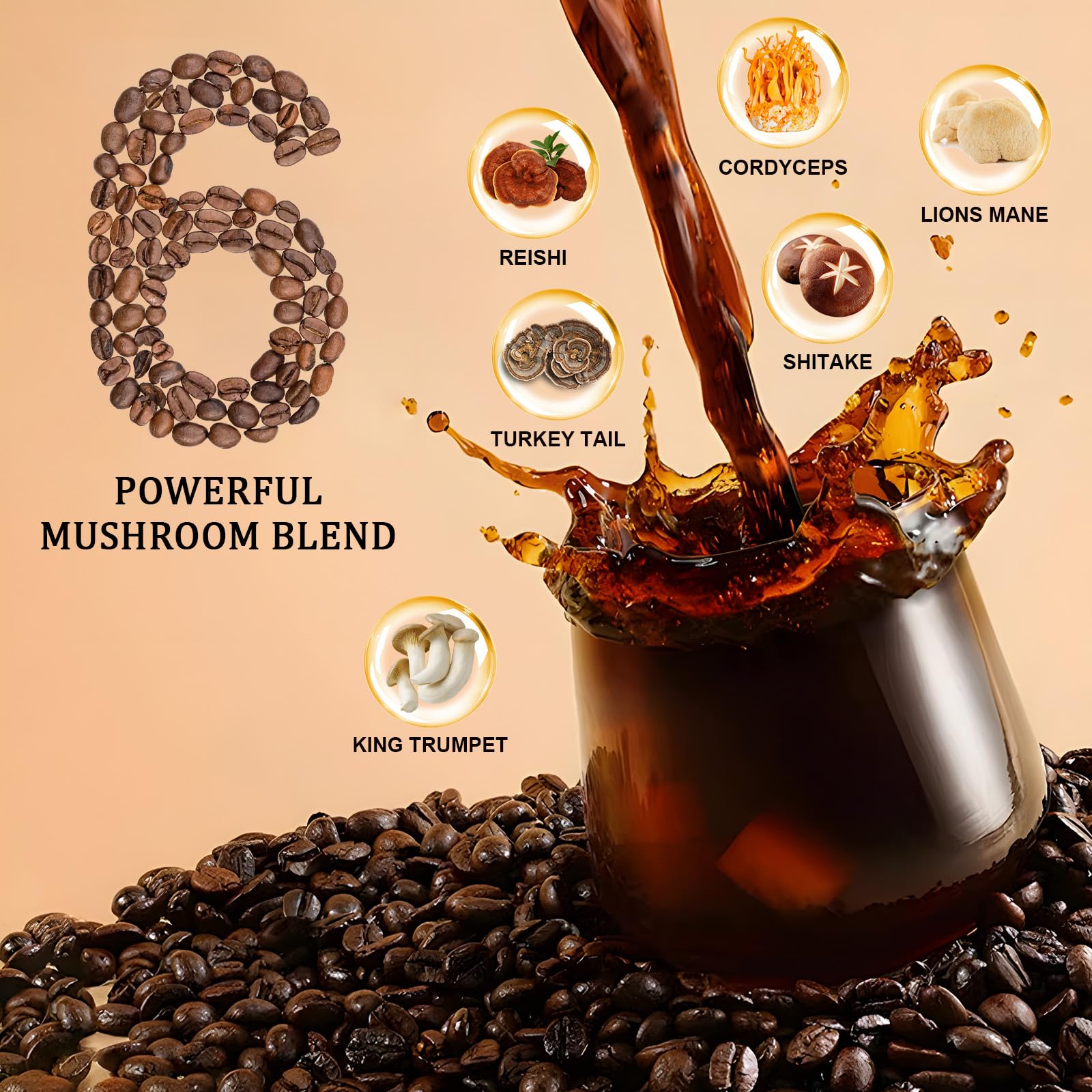 Bunkell Mushroom Coffee, Adaptogenic 6 Mushrooms with Lion's Mane, Reishi, Cordyceps, Shiitake, King Trumpet & Turkey Tail, Instant Coffee Powder for Energy, Digestion & Immune Support, 60 Servings