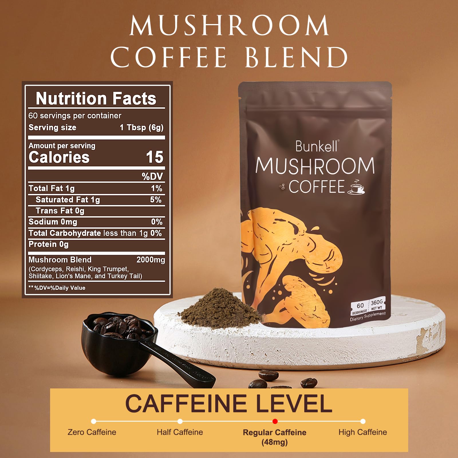 Bunkell Mushroom Coffee, Adaptogenic 6 Mushrooms with Lion's Mane, Reishi, Cordyceps, Shiitake, King Trumpet & Turkey Tail, Instant Coffee Powder for Energy, Digestion & Immune Support, 60 Servings