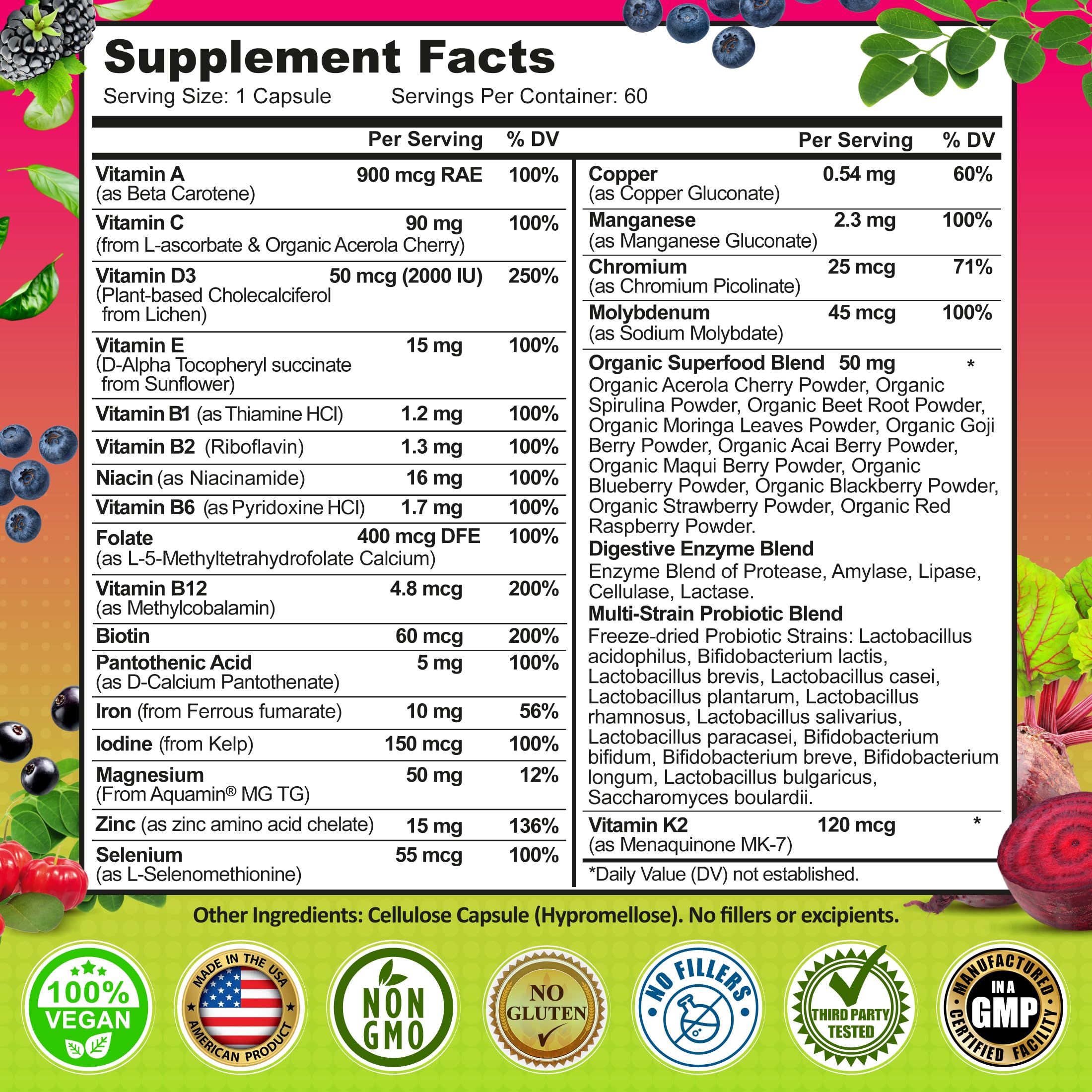 Women's Daily Multivitamin with Iron - Vegan Methylated Multivitamin for Women with Biotin, Organic Superfoods, Probiotics, B-Complex - Energy, Gut & Optimal Health Support – Easy to Swallow Capsules