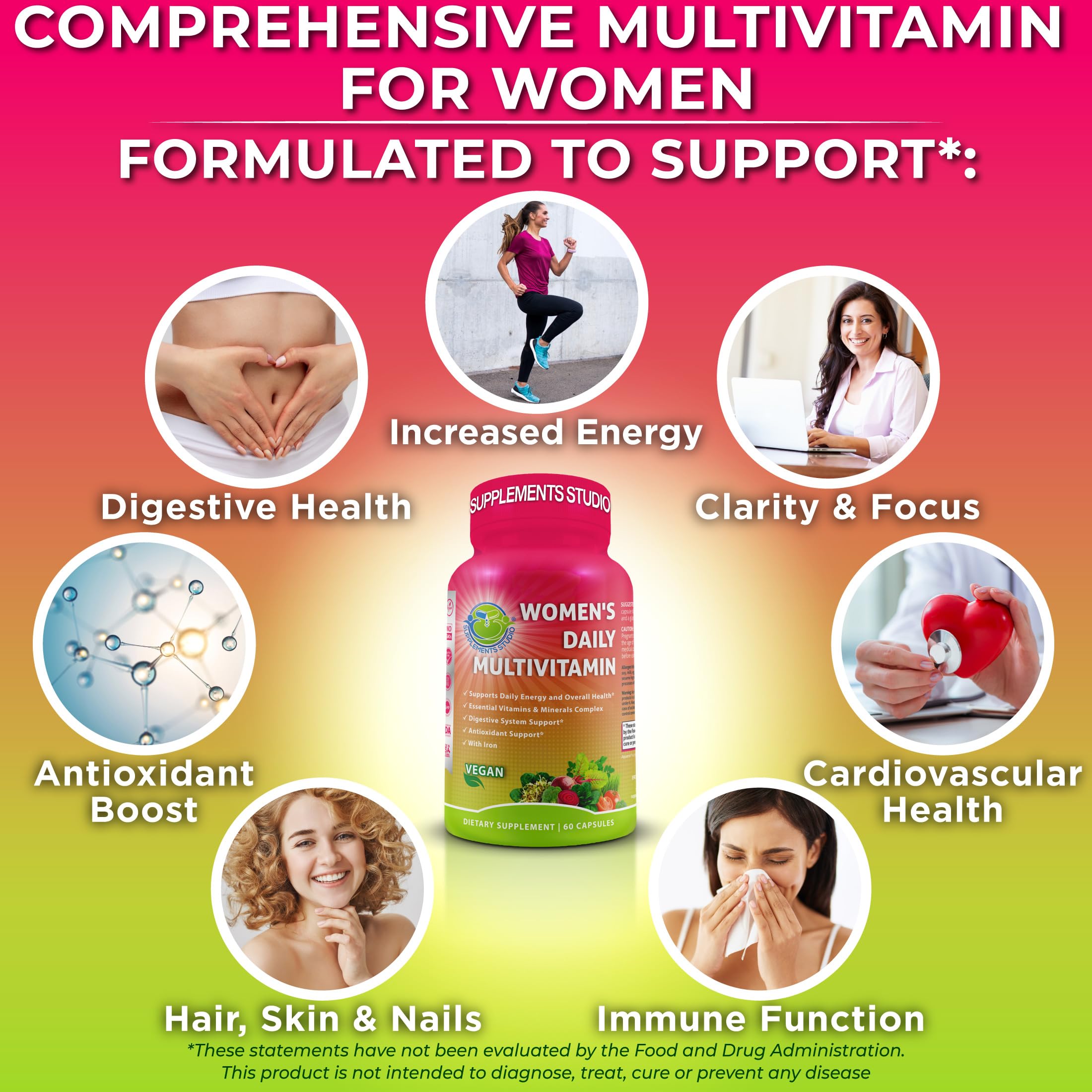 Women's Daily Multivitamin with Iron - Vegan Methylated Multivitamin for Women with Biotin, Organic Superfoods, Probiotics, B-Complex - Energy, Gut & Optimal Health Support – Easy to Swallow Capsules