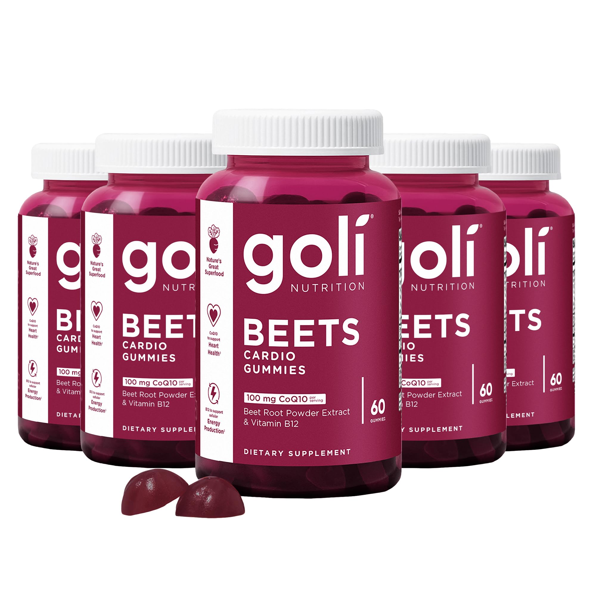 Goli Beets Cardio Gummies with CoQ10 and Vitamin B12 - Beetroot Extract - Cardiovascular Wellness - Vegan, Non-GMO, Gluten-Free - 300 Count (5 Pack)