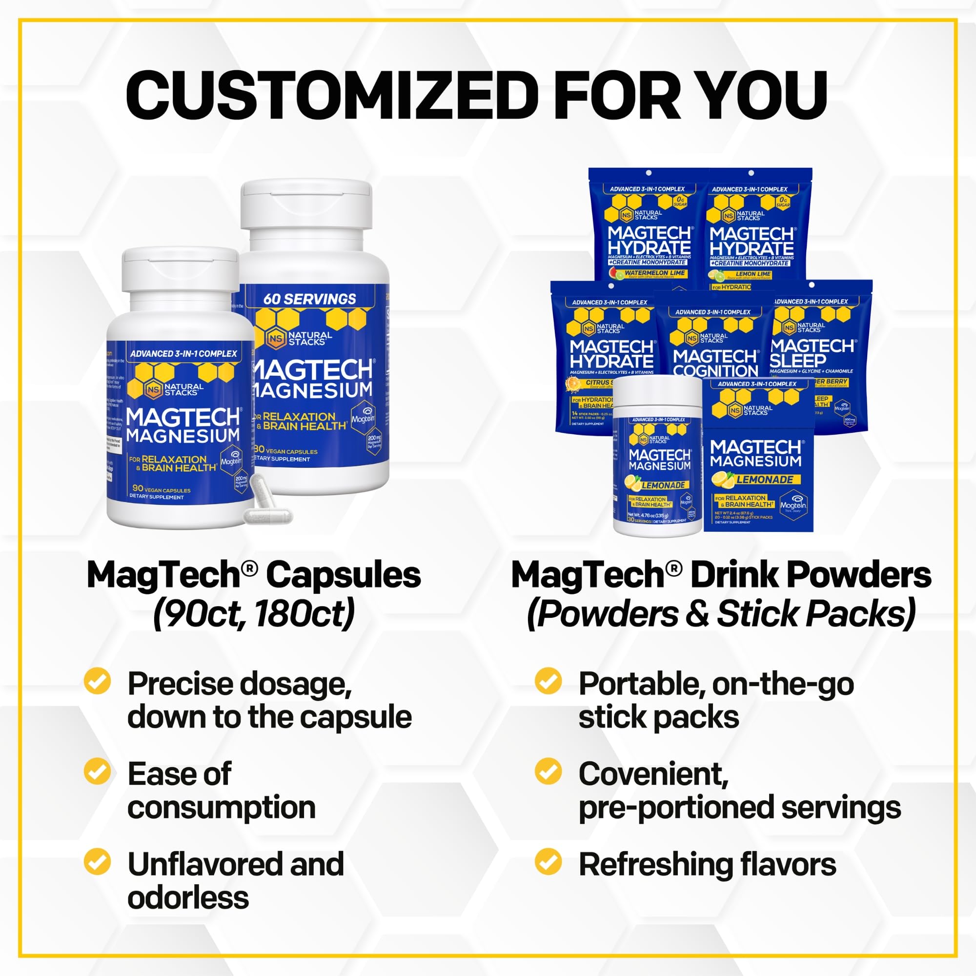 Magtein Magnesium L-Threonate, Glycinate & Taurate – 200mg Chelated Magnesium Complex – MagTech Magnesium Supplement for Relaxation & Brain Health – 90 Capsules