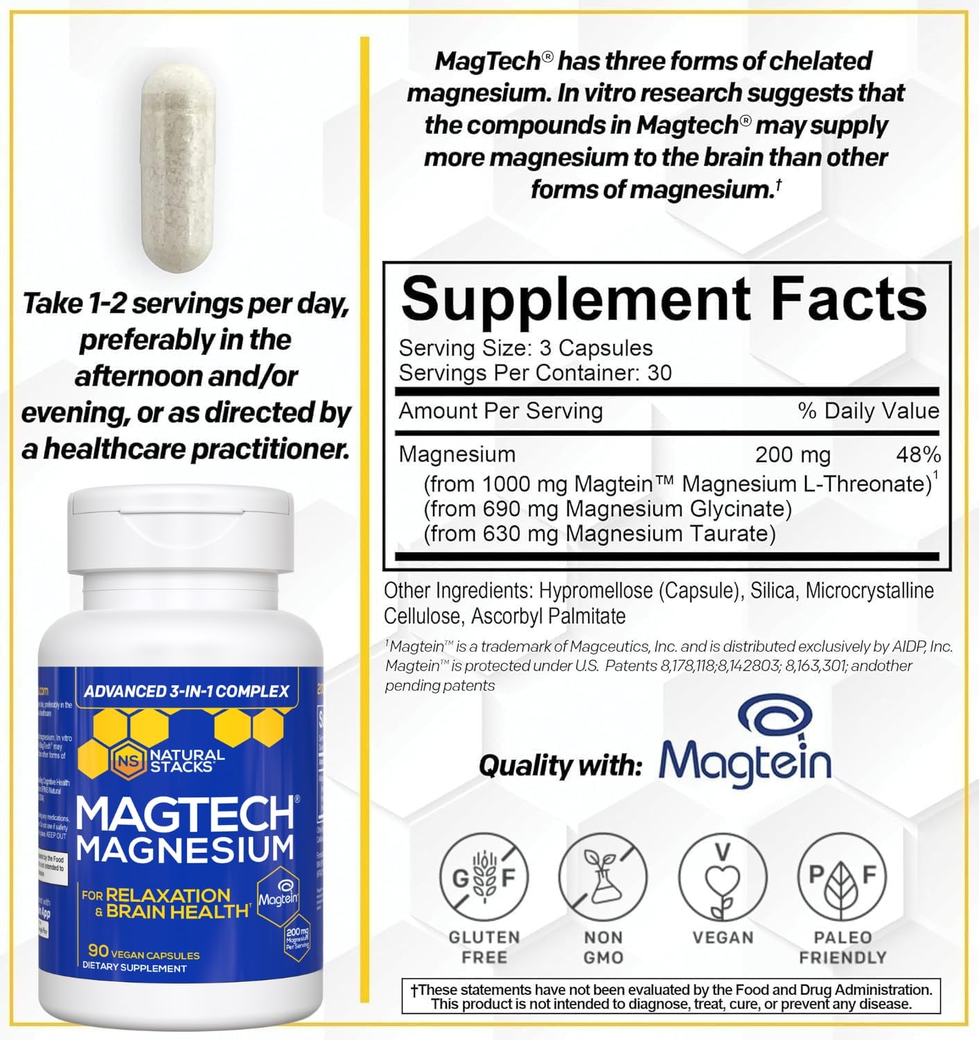 Magtein Magnesium L-Threonate, Glycinate & Taurate – 200mg Chelated Magnesium Complex – MagTech Magnesium Supplement for Relaxation & Brain Health – 90 Capsules