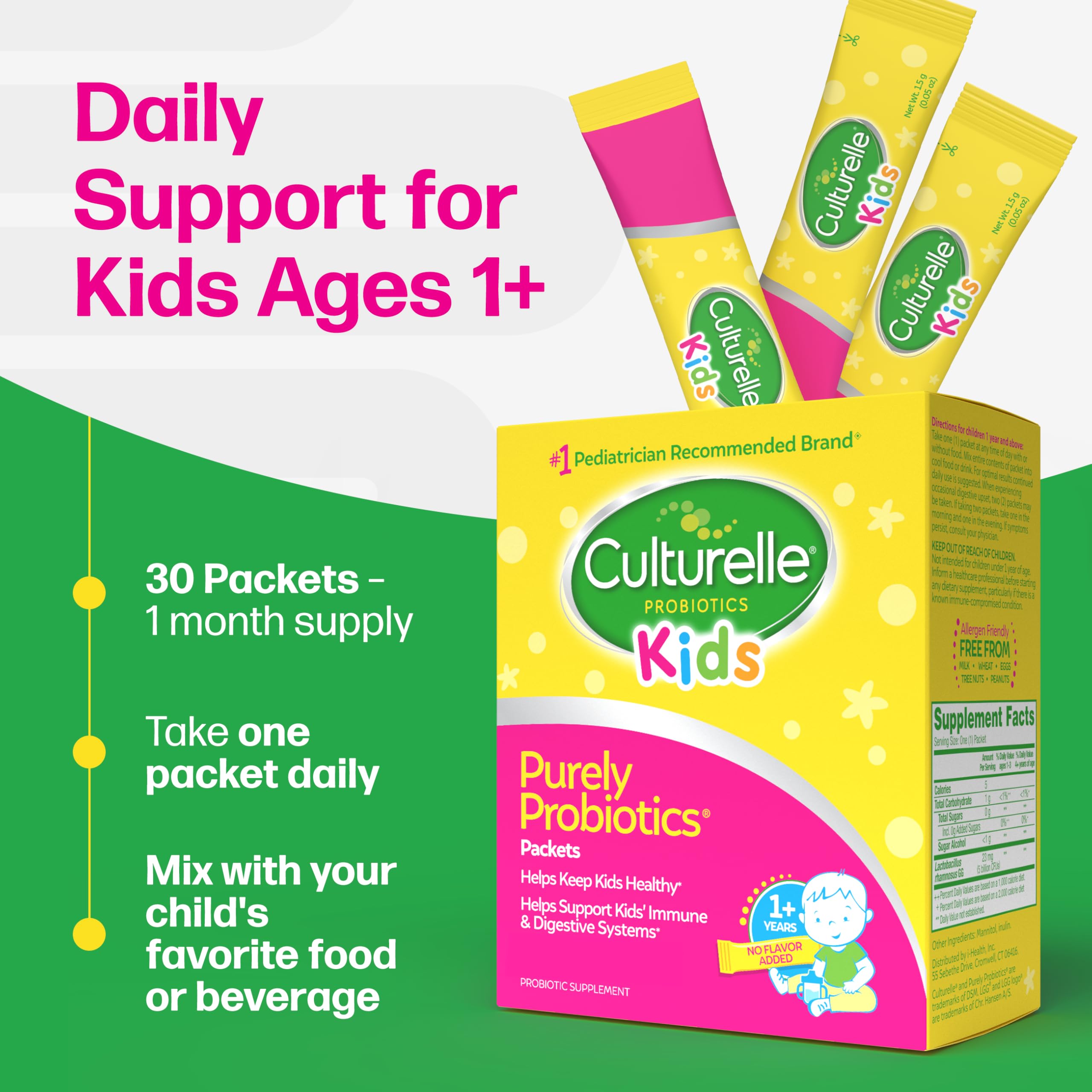 Culturelle Kids Daily Probiotic Packets for Kids, (Ages 3+) - 30 Count - From the 1 Pediatrician-Recommended Brand – Flavorless Daily Probiotics for Digestive Health & Immune Support