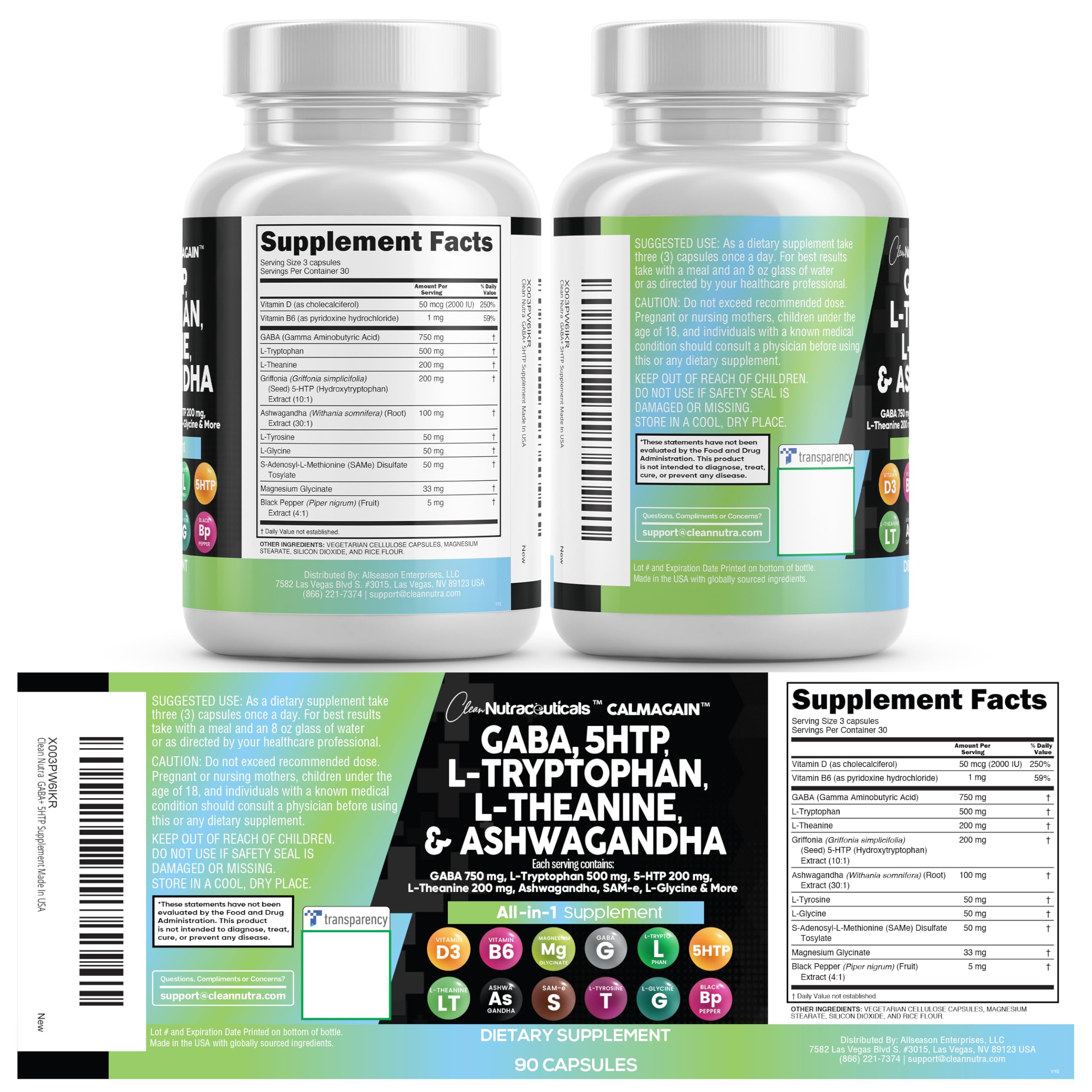 Clean Nutraceuticals GABA 750mg 5 HTP 200mg L Tryptophan 500mg L Theanine 200mg Ashwagandha SAM-e L-Glycine - Mood Support Vitamins for Women and Men with L-Tyrosine (90 Count (Pack of 3))