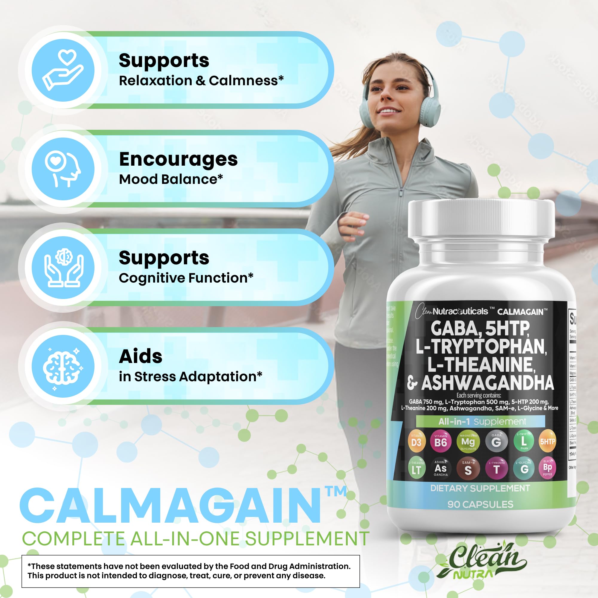 Clean Nutraceuticals GABA 750mg 5 HTP 200mg L Tryptophan 500mg L Theanine 200mg Ashwagandha SAM-e L-Glycine - Mood Support Vitamins for Women and Men with L-Tyrosine (90 Count (Pack of 3))
