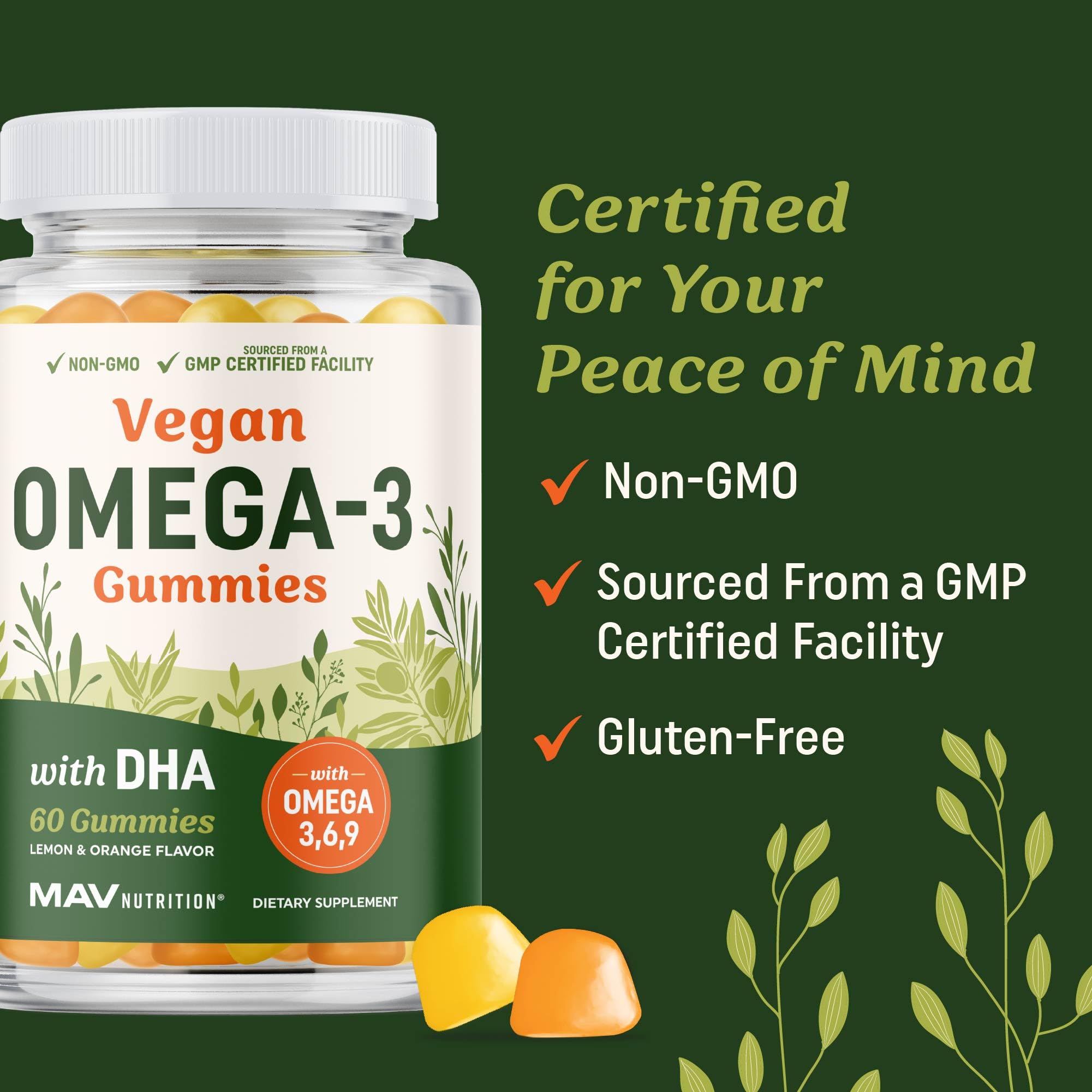 Omega 3 6 9 + DHA Gummies | Plant-Based Triple Omegas from Algae, Flaxseed & Safflower Oil | 50mg of DHA | Vegetarian, Non-GMO, Gluten-Free, Essential Fatty Acid Supplements for Adults | 60 Gummies