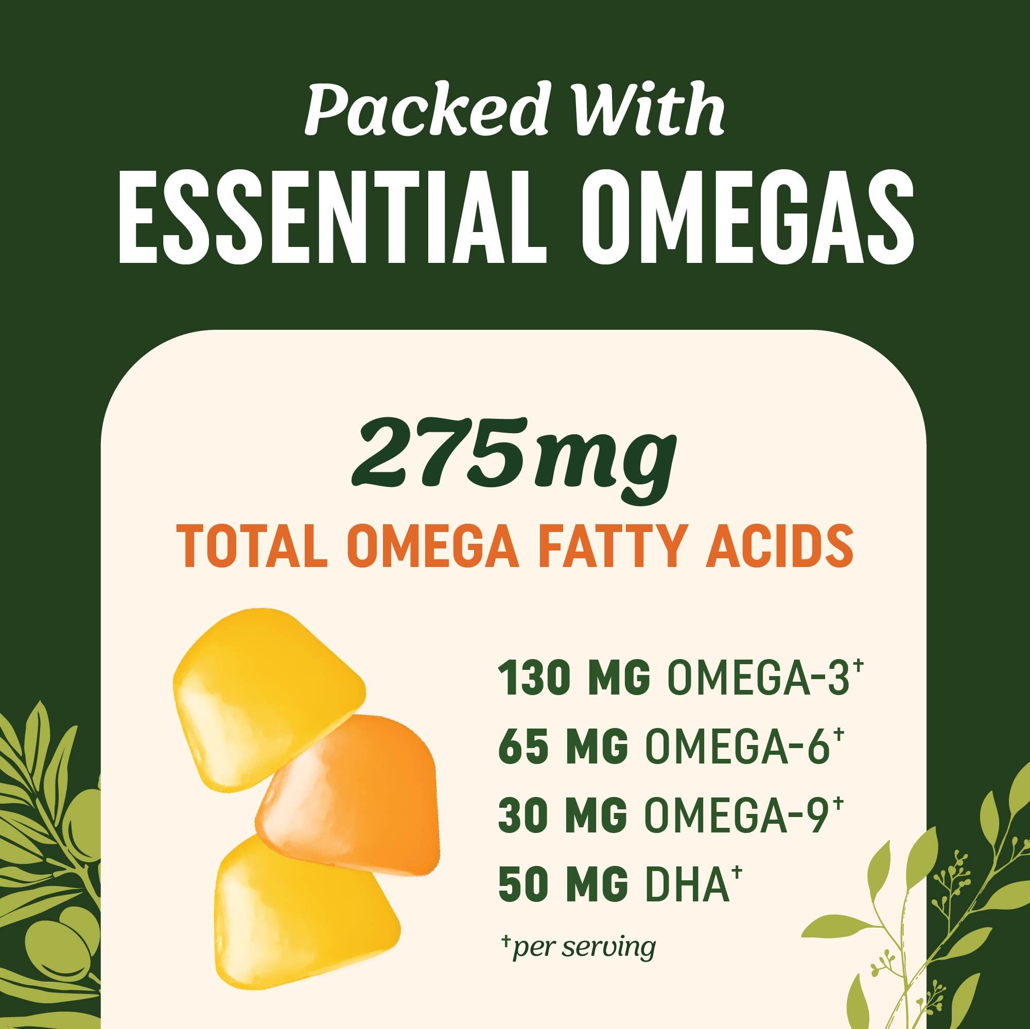 Omega 3 6 9 + DHA Gummies | Plant-Based Triple Omegas from Algae, Flaxseed & Safflower Oil | 50mg of DHA | Vegetarian, Non-GMO, Gluten-Free, Essential Fatty Acid Supplements for Adults | 60 Gummies