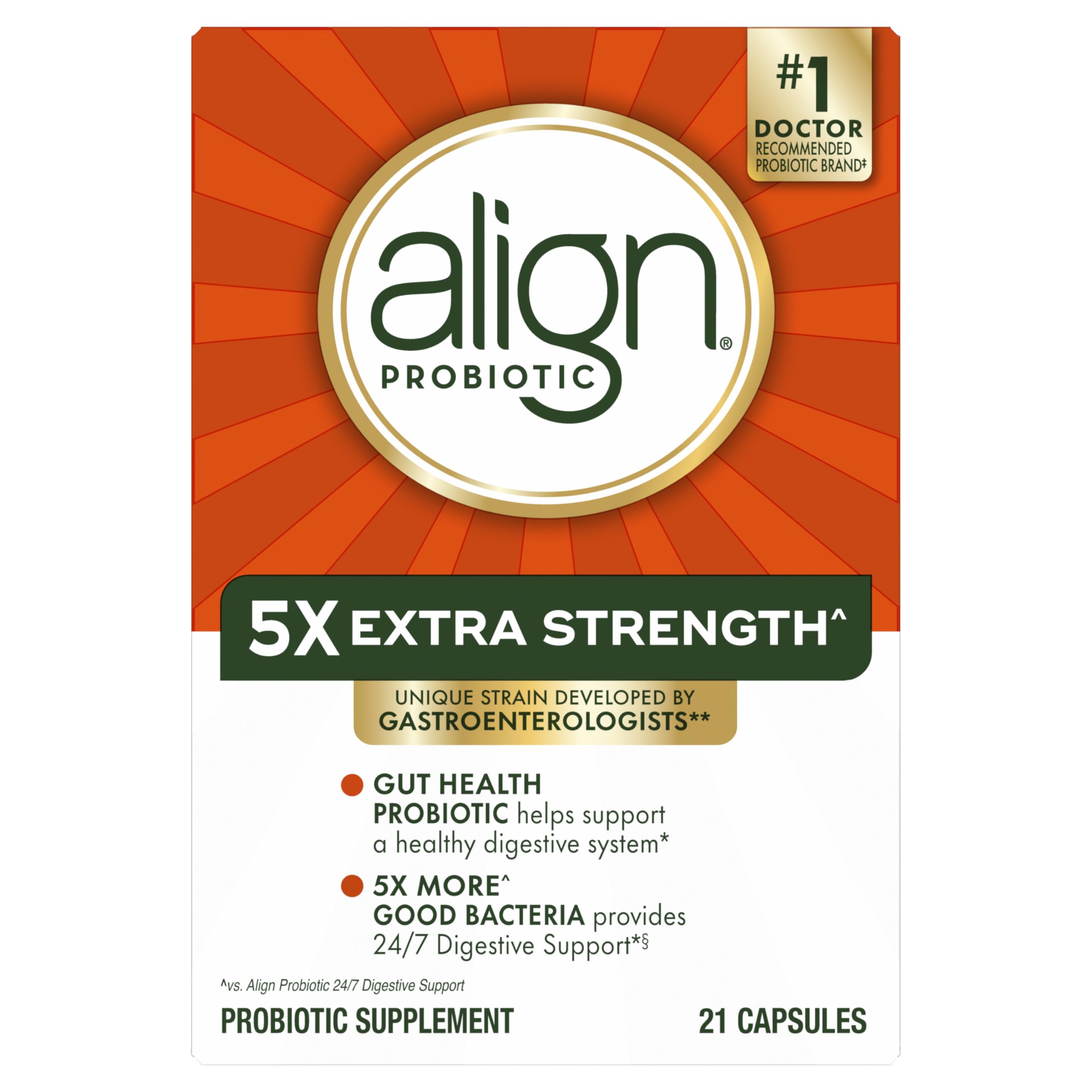Align Probiotic Extra Strength, Probiotics for Women and Men, #1 Doctor Recommended Brand‡, 5X More Good Bacteria to Help Support a Healthy Digestive System*, 21 Capsules