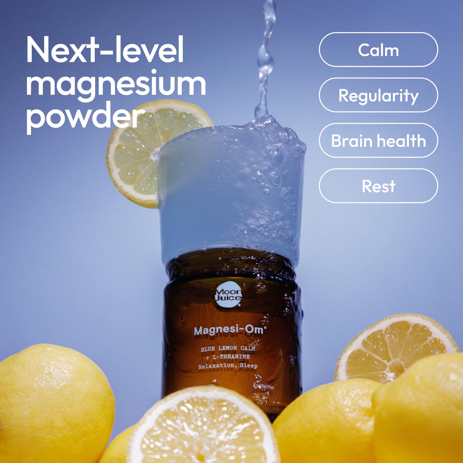 Moon Juice Magnesi-Om Magnesium Powder Supplement - Chelated Magnesium Complex + L-Theanine Blend for Rest, Relaxation & Regularity - Vegan, Non-GMO & No Sugar, Blue Lemon, 7.7 oz, 55 Servings