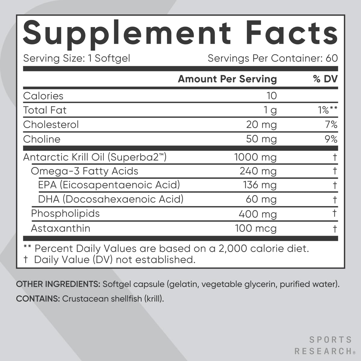 Sports Research® Omega-3 Krill Oil 1000mg - Pure Antarctic Superba Krill with Phospholipids, Choline & Astaxanthin - MSC Certified Sustainable · Non-GMO · Gluten Free - 60 Softgels