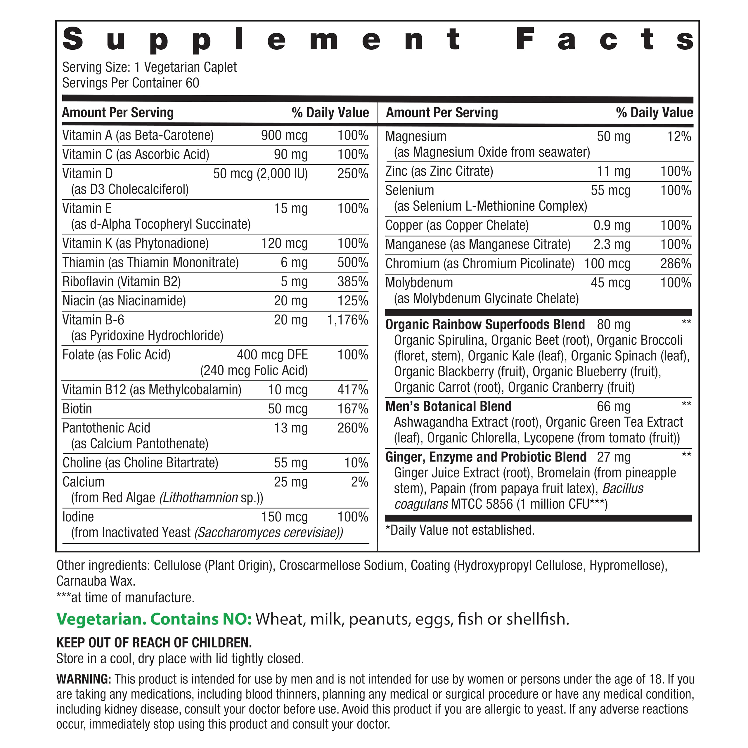 Rainbow Light Mens Multivitamin One + | 60 Caplets | Supports Energy & Antioxidant Health | with Real Food Nutrients, Digestive Enzymes & Probiotics