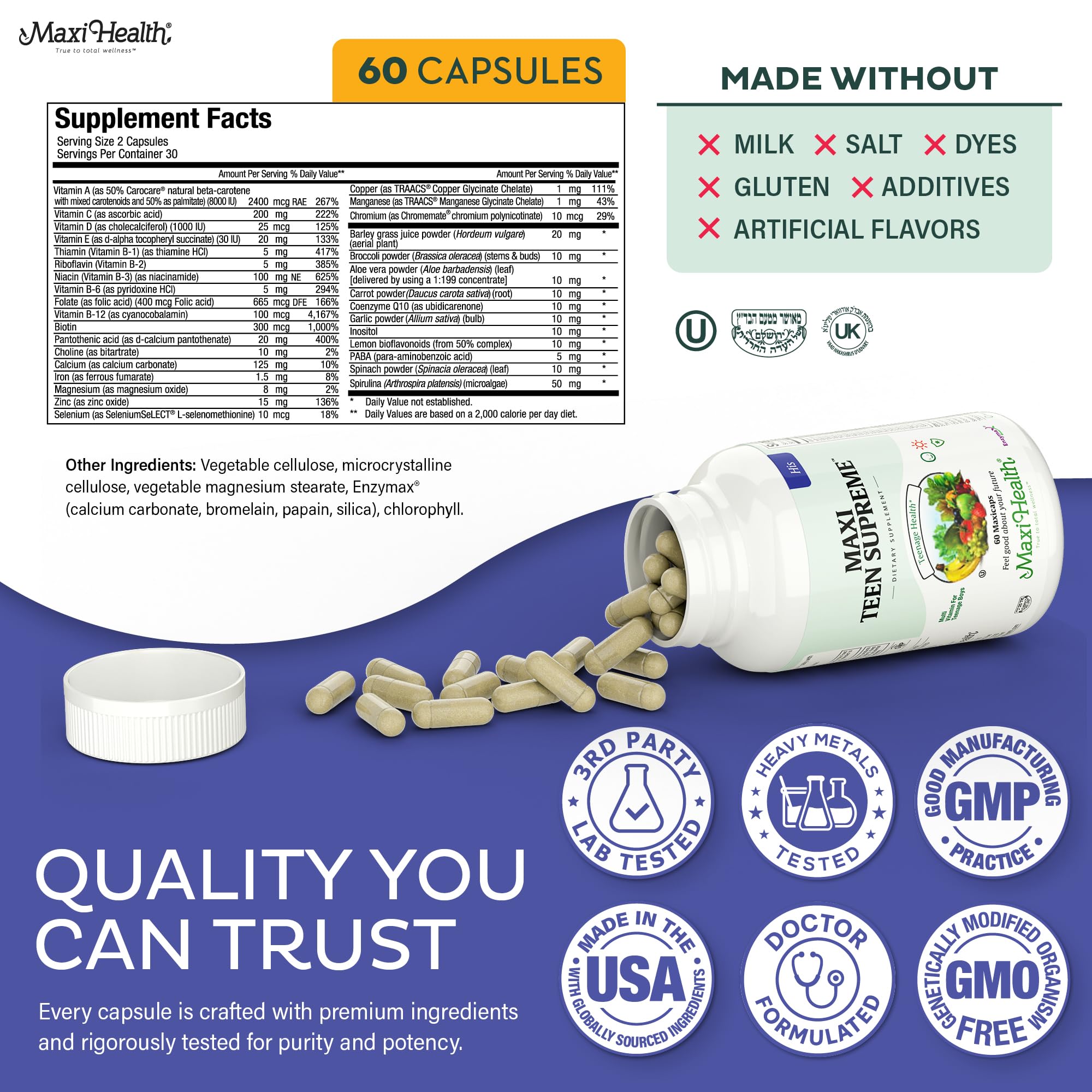 Teen Vitamins for Boys 12-17 - Teen Multivitamin Supreme with D3, Iron, Calcium, Biotin, Digestive Enzymes – Teenager Boy Multi Vitamins for Energy, Brain & Mood Support – 60 Count