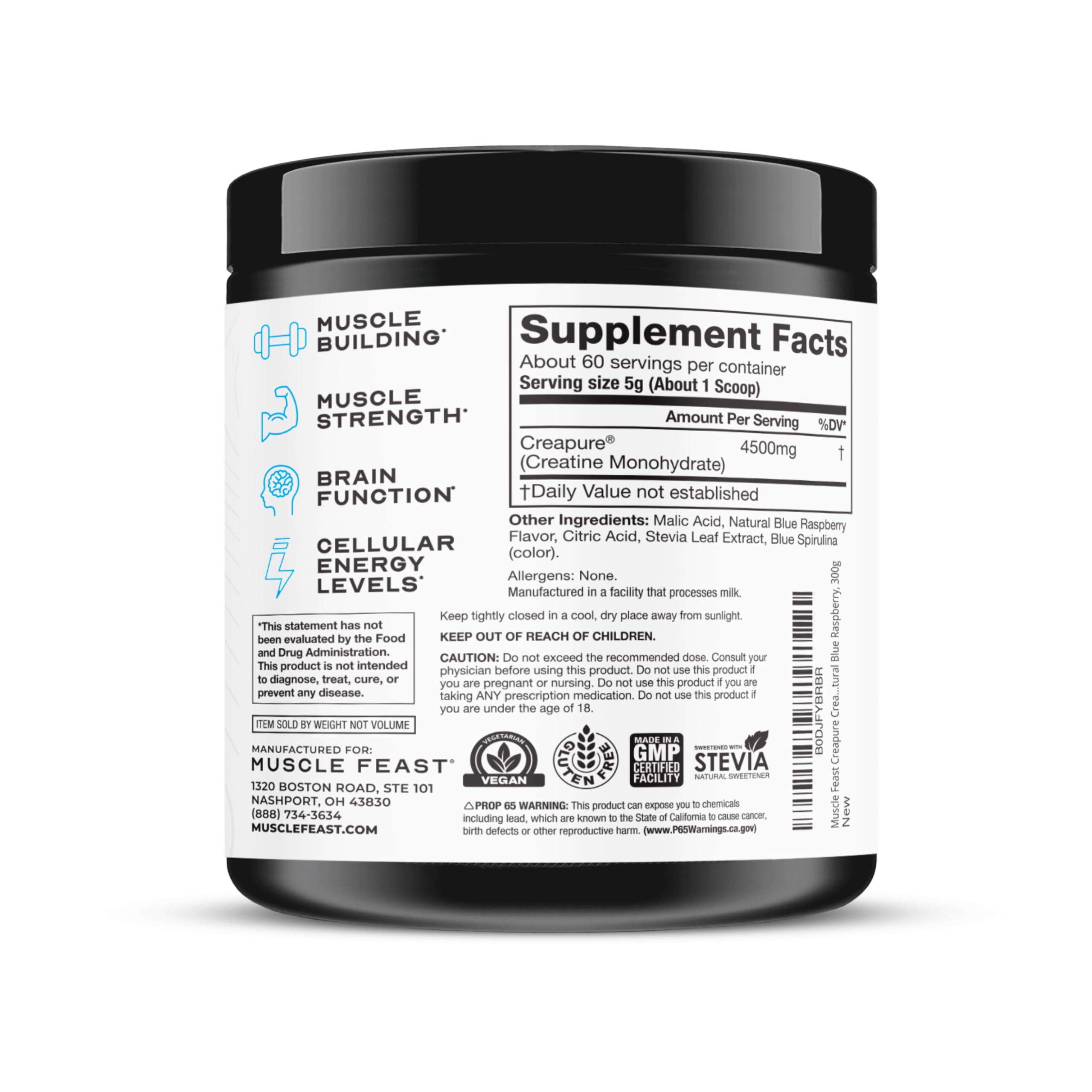 Muscle Feast Creapure Creatine Monohydrate Powder, Vegan Keto Friendly Gluten-Free, Muscle Recovery Supplement and Trusted Creatine for Muscle Growth, Flavored Creatine, Natural Blue Raspberry, 300g