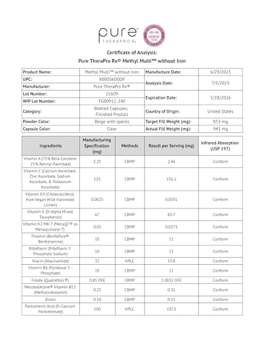 Pure Therapro Rx Methylated Multivitamin for Men and Women | Made in USA | Methyl Multi Without Iron Methyl B12 & Methylfolate | 120 Capsules, 2-Month Supply