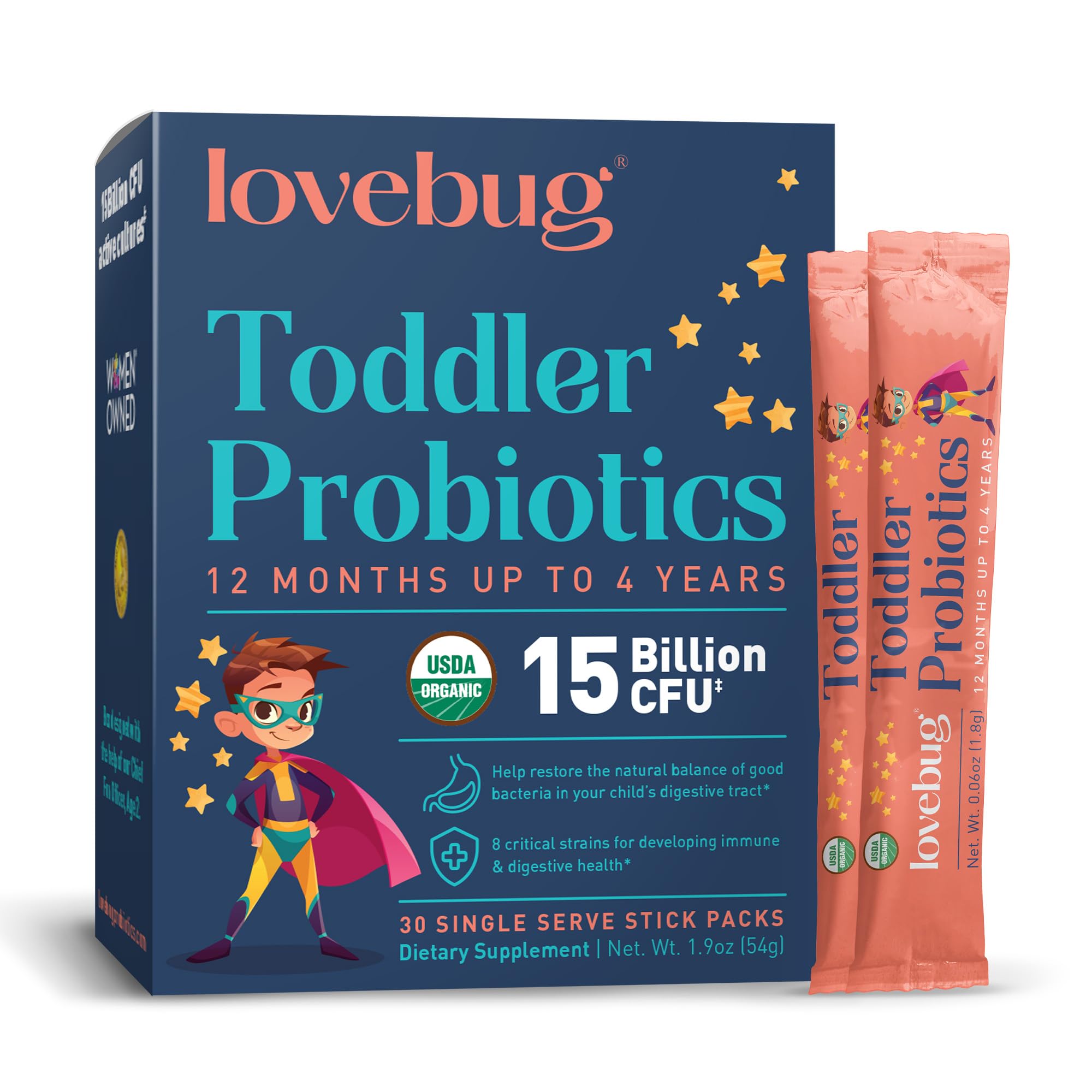 Lovebug Kids Probiotic Powder with Prebiotic Fiber - Toddler Immunity Support & Constipation Relief - USDA Organic Probiotics for Childrens Gut & Digestive Health (Ages 1-4) - 30 Pack (Unflavoured)