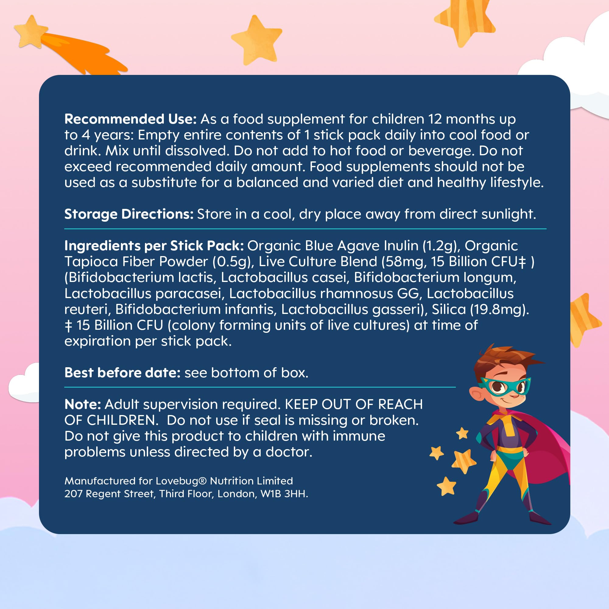 Lovebug Kids Probiotic Powder with Prebiotic Fiber - Toddler Immunity Support & Constipation Relief - USDA Organic Probiotics for Childrens Gut & Digestive Health (Ages 1-4) - 30 Pack (Unflavoured)