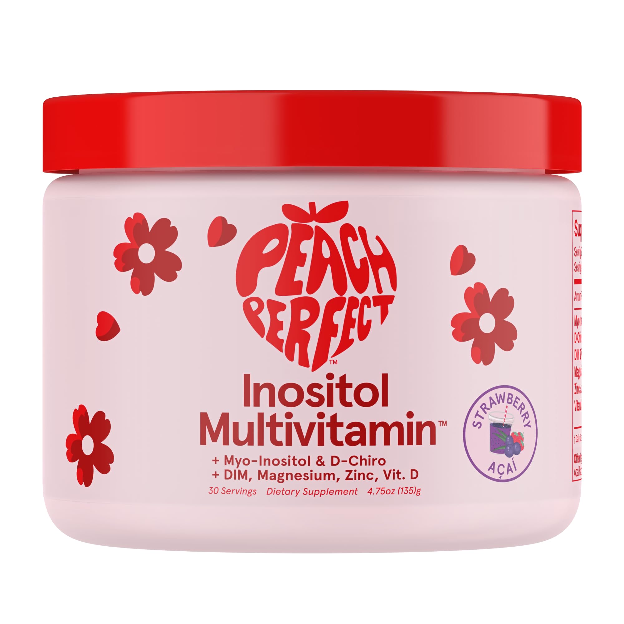 Peach Perfect Inositol Powder Multivitamin, Strawberry Acai Flavor – 3 – Supports Women’s Health, 30 SVG