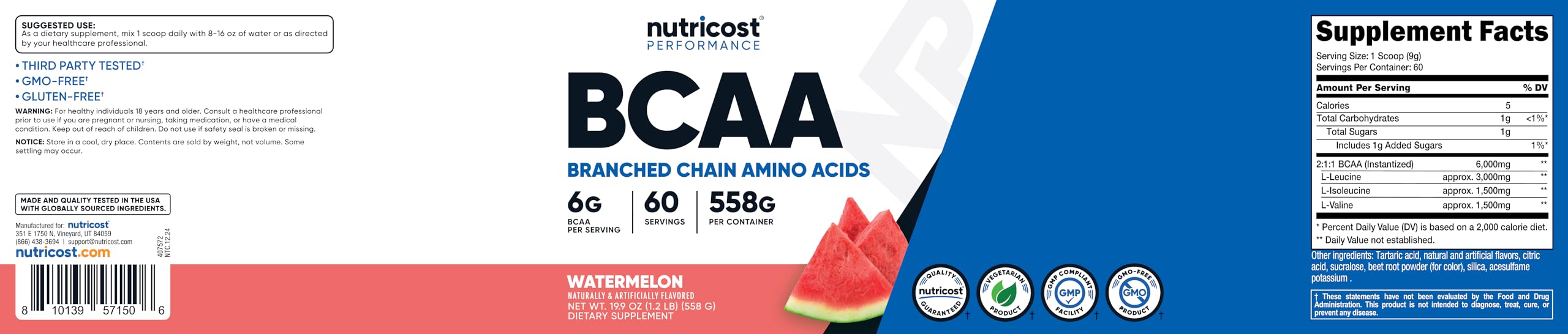 Nutricost BCAA Powder 2:1:1 (Watermelon) - 60 Servings