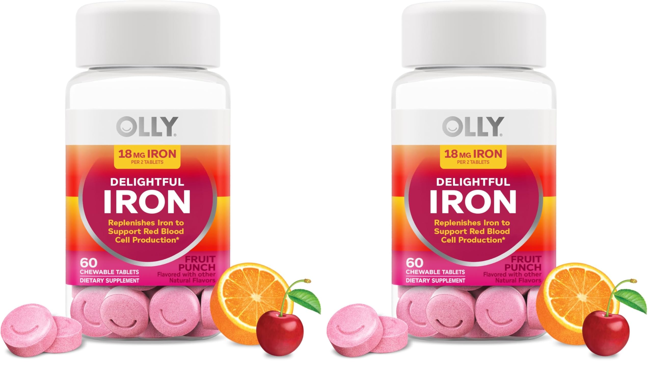 OLLY Delightful Iron Chewable Tablet, Iron Supplement from AB Fortis, Fruit Punch Flavor, 30 or 20 Day Supply - 60 Count (Pack of 2)
