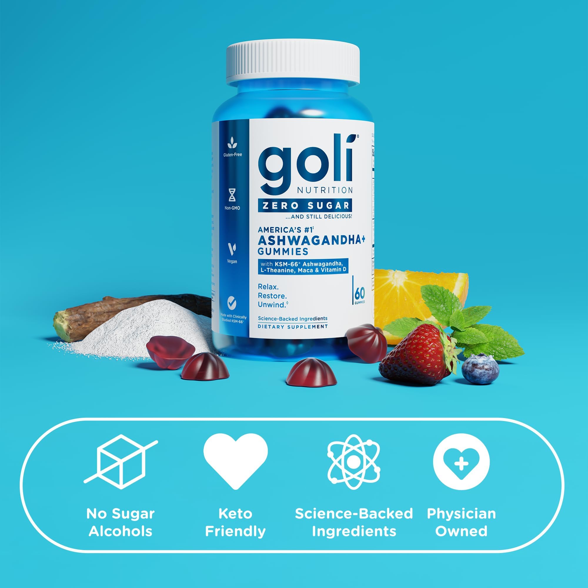 Goli Zero Sugar Ashwagandha Gummies with KSM-66, L-Theanine, Maca and Vitamin D - No Sugar Alcohols - Vegan, Keto-Friendly, Non-GMO