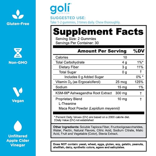Goli Zero Sugar Ashwagandha Gummies with KSM-66, L-Theanine, Maca and Vitamin D - No Sugar Alcohols - Vegan, Keto-Friendly, Non-GMO
