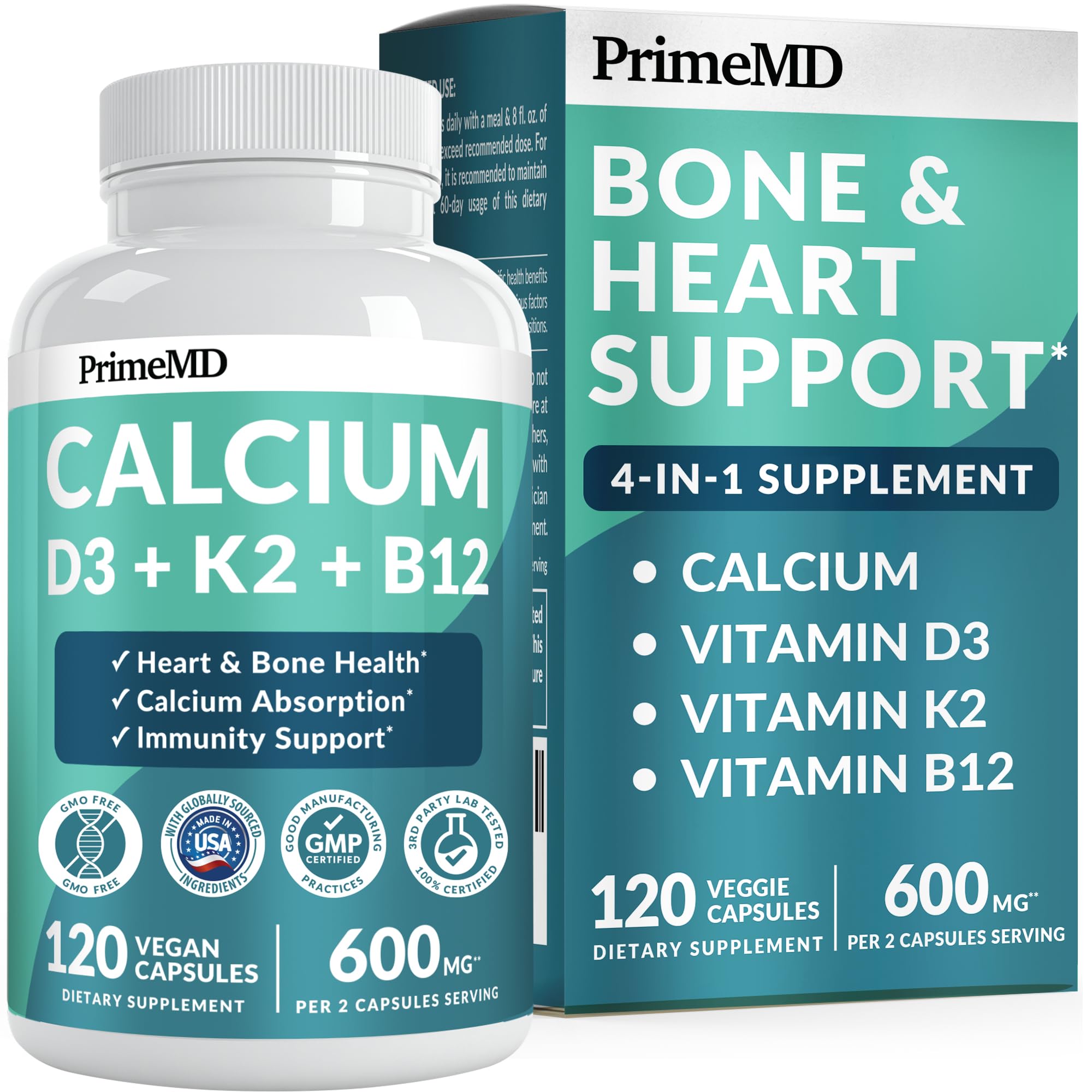 4-in-1 Calcium Supplements for Women and Men - Calcium with Vitamin D3 K2 5000 IU Supplement, 600mg per Serving - Gluten-Free, Vegan-Friendly (120 ct)