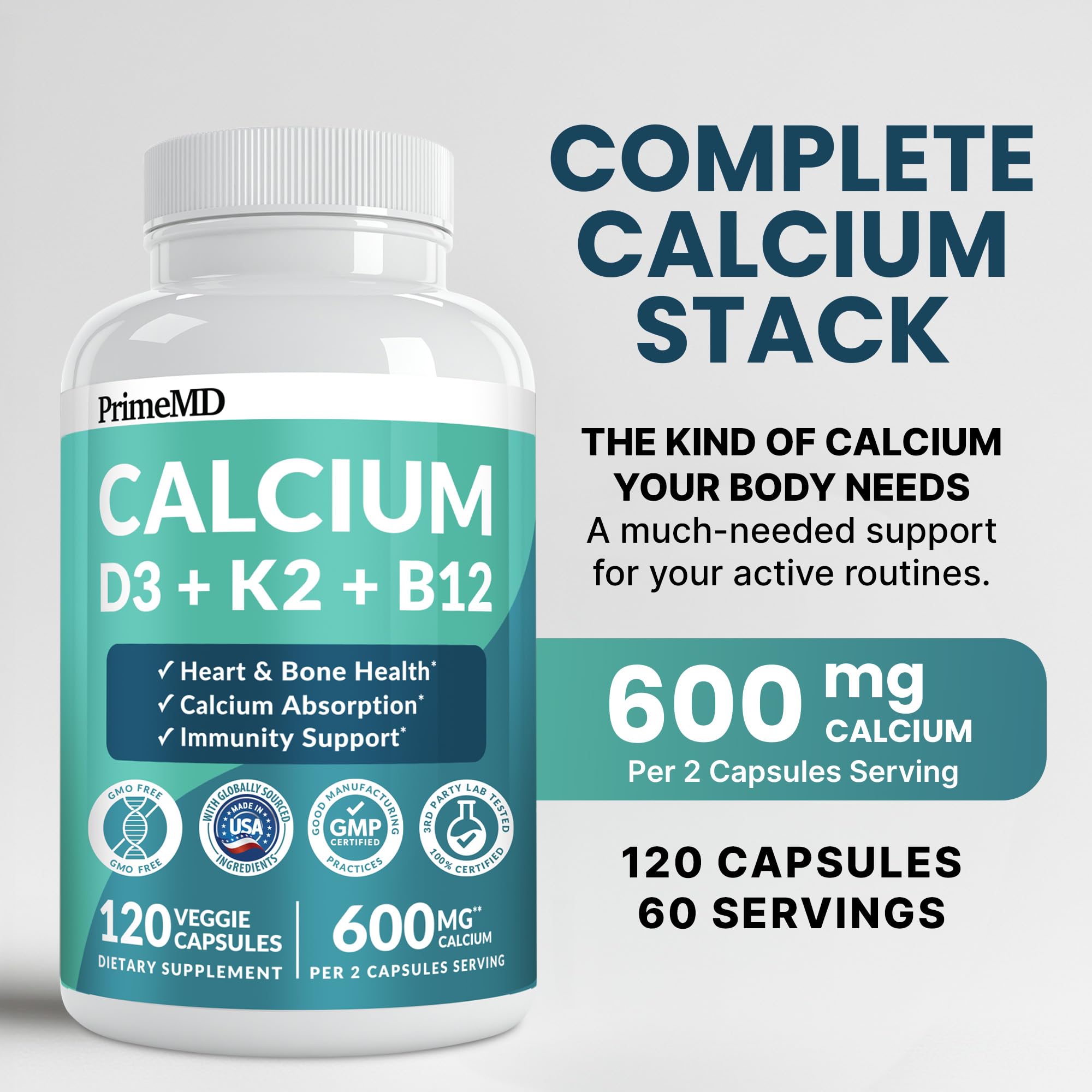 4-in-1 Calcium Supplements for Women and Men - Calcium with Vitamin D3 K2 5000 IU Supplement, 600mg per Serving - Gluten-Free, Vegan-Friendly (120 ct)